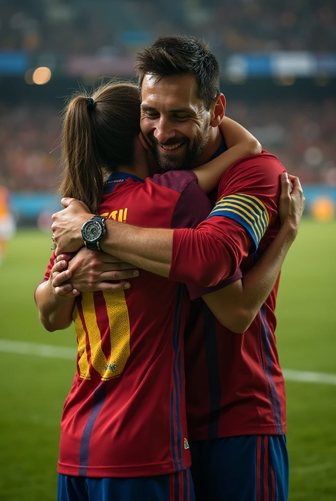 his head hangs down, his body hangs weak and unconscious, fainting, fainted man, unconscuous man, passed out, Andrea carries the wounded man's body in her hands, Andrea grabs his legs and his body with her hands, the bearded man in Andrea's arms is visibly in pain, stadium atmosphere, the bearded man is lying consciousless in Andrea's arms with one arm hanging down, A scene at a soccer stadium, a bearded man lying in a caring women's arms, lying helpless in her arms with his head dangling down, he has one arm dangling down while being carried in the women's arms, There is an attractive and heavily made-up woman in a long black leather coat, A pretty woman in a shiny black leather coat on a soccer field, A wonderful woman is holding a passed out man, A man in matt and roughened sportswear is held diagonal in her arms, a man in a woman's arms and lets one arm dangling down, we see the man held in front of the woman's body, the man is cradled in the woman's arm while being carried, the beautiful woman is exceptionally heavily made up and has an extremely desperate and very angry expression on her face, high-resolution photo, realistic sports photo, soccer scene, woman in black shiny long leather coat, injury scene, real photo, ultra realistic, high definition, sports photography