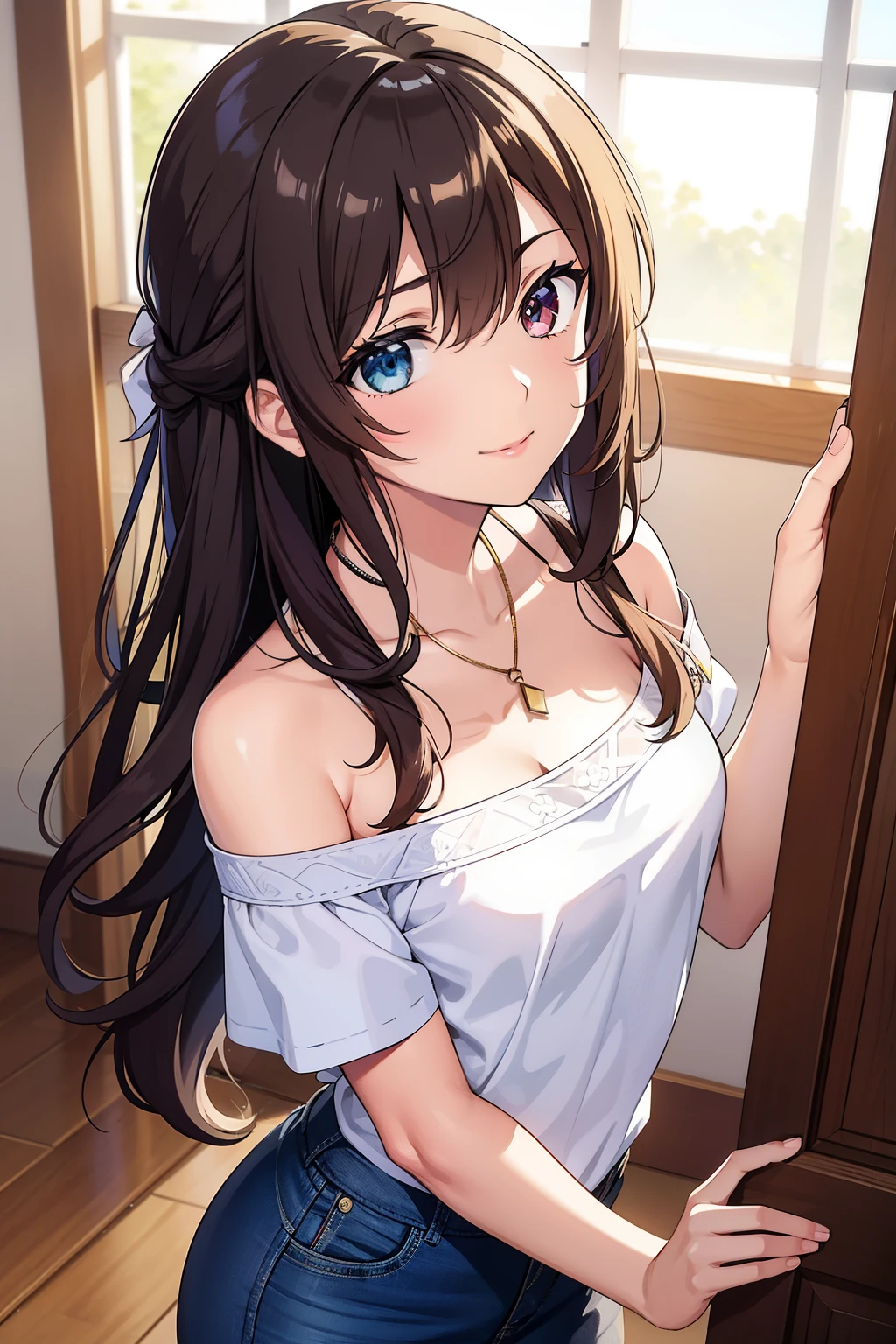 (high-quality, breathtaking),(expressive eyes, perfect face) portrait, 1girl, female, solo, adult woman, mum, age late 20's, brown hair, Heterochromia left eye brown and right eye light blue, medium hair shoulder length, white ribbon in hair, white headband in hair, soft wavy hair, gentle smile, loose hair, side bangs, looking at viewer, portrait, happy expression, modern clothing, off the shoulder shirt blue shirt, black jeans, small necklace shapped elegent, mature, height 5"6, hairstyle similar to haruhi suzumiya