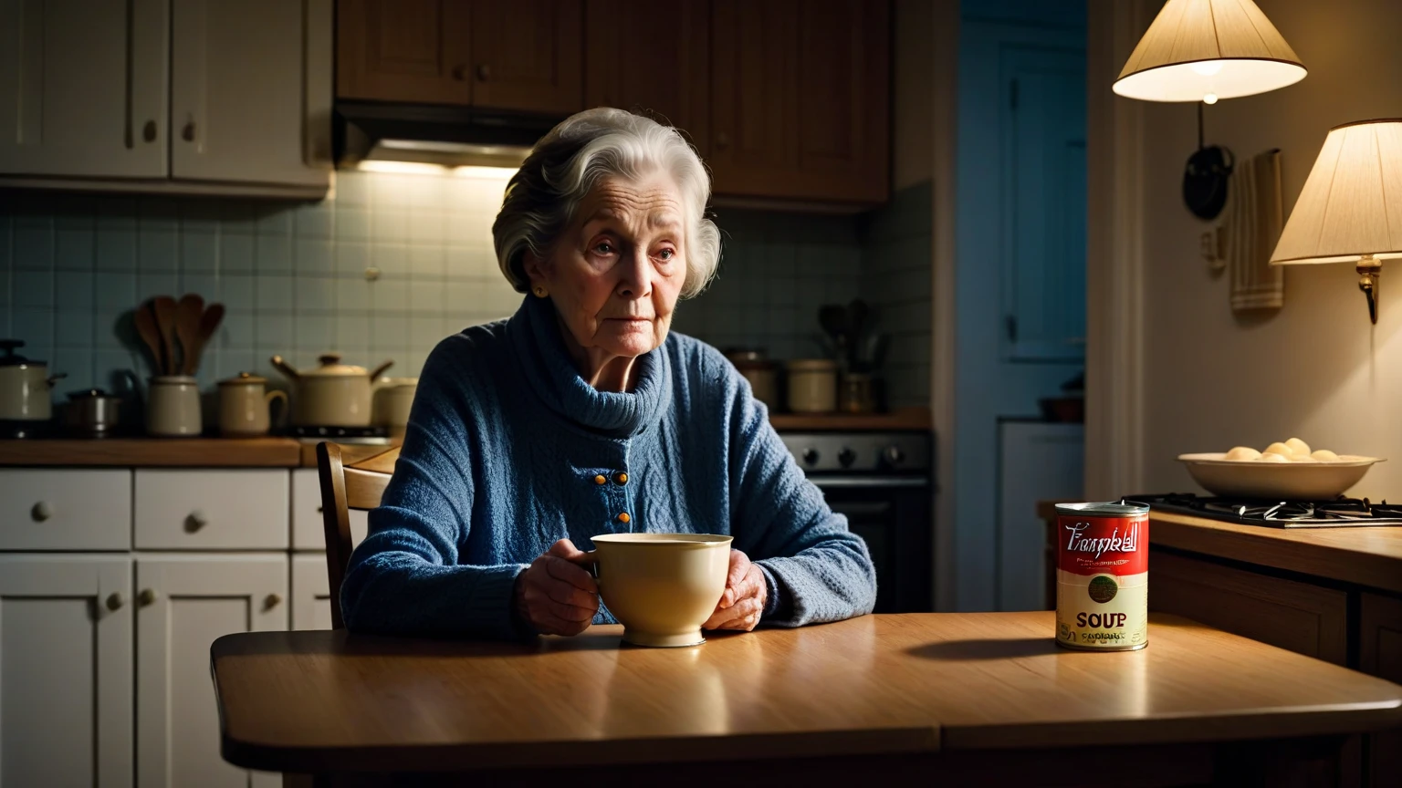 Old woman with scary face in 70 years old she is standing holding a bottle of coca cola dark scenery dim light old in a room has many people behind her on a blurred background perfection of great quality in masterpiece of extraordinary details