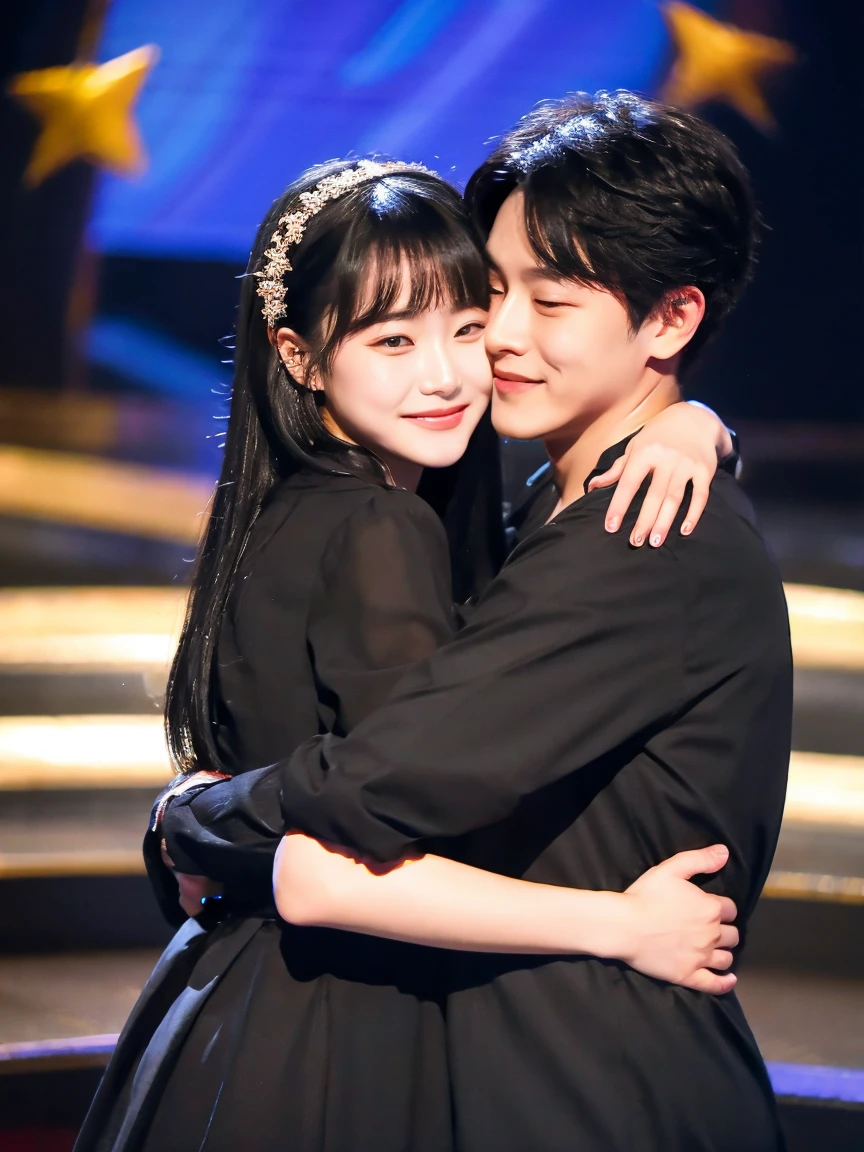 Highest quality、masterpiece、Deformation、Chibi Character、Couple embracing each other facing each other、Happy background、Boy with short black hair、A girl with long, purple hair that reaches down to her 