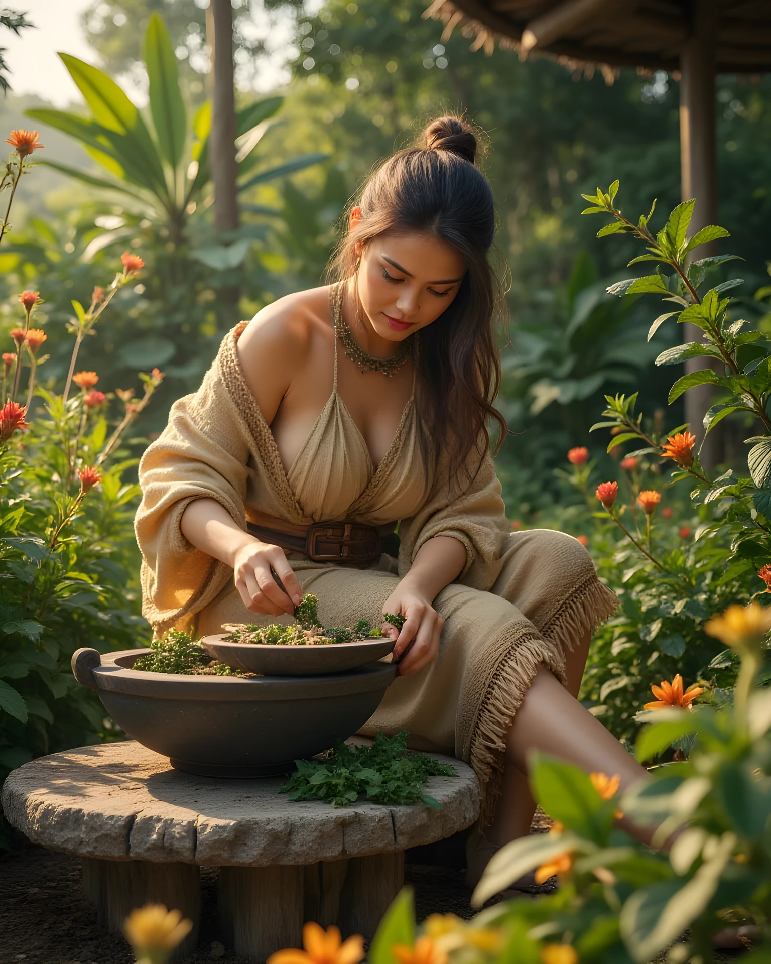 Primitive age era, (Stone primitive age era:1.6), ((Realistic cinematography ultra-wide depth intense details of realistically precise scenery herbalism garden)),orderly herbal garden on the background,a detailed of germanic female herbalist,holding and grinding-mixing herbs on stone quern,filled with herbal ingredients,(herbs scenery),(chemical reaction),((vivacious)),wearing fully,long primitives tribal long kimono straw woven fabric dress,,,(perfectly depth symmetrically precise curvy busty full body shape),sitting body pose, (cinematic dynamically camera widely angle scenery:accurately depicted:1.3),the lively prehistoric cradle of herbalist depicting scenery,midday,realistically full depth,(cinematography dynamic angle|hyperrealistic:realistic scenery:3d texture over the scenery),best videography angle,hdr,greeny vibes, (cinematography vibe),primitive fabric wardrobe,(dynamic image composition),(octane 3d rendering|50mm lens shot:1.3),(precise lifelike skin texture:lifelike hairs:realism),(best rule of third photography composition),(best image aperture),(full details depth of field),(best shutter speed),(RAW photo image),(photorealistic|photorealism:hyperrealism style),(realistic depth 3d:cgi:1.3),(trending on cgsociety:devianart:unreal engine 5),,(best photography:national Geographic style), greenPunkAi and tikiPunkAi artwork, digital art,best lighting concept,(realistic intricately fixed truly fully human's anatomy body+hands+and+fingers anatomical),natural motion,inspired by farcry5 game artwork.
