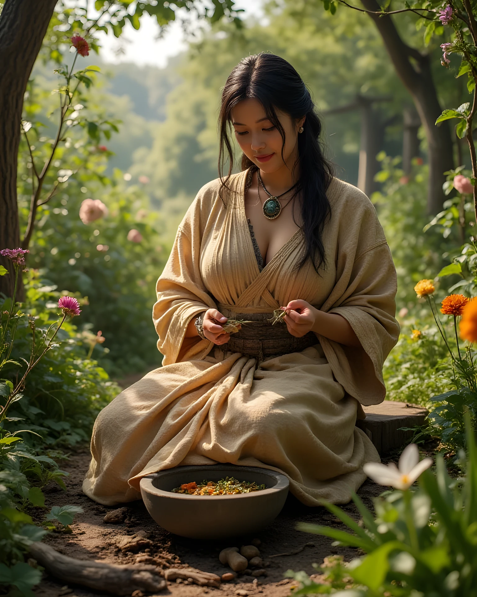 Primitive age era, (Stone primitive age era:1.6), ((Realistic cinematography ultra-wide depth intense details of realistically precise scenery herbalism garden)),orderly herbal garden on the background,a detailed of germanic female herbalist,holding and grinding-mixing herbs on stone quern,filled with herbal ingredients,(herbs scenery),(chemical reaction),((vivacious)),wearing fully,long primitives tribal long kimono straw woven fabric dress,,,(perfectly depth symmetrically precise curvy busty full body shape),sitting body pose, (cinematic dynamically camera widely angle scenery:accurately depicted:1.3),the lively prehistoric cradle of herbalist depicting scenery,midday,realistically full depth,(cinematography dynamic angle|hyperrealistic:realistic scenery:3d texture over the scenery),best videography angle,hdr,greeny vibes, (cinematography vibe),primitive fabric wardrobe,(dynamic image composition),(octane 3d rendering|50mm lens shot:1.3),(precise lifelike skin texture:lifelike hairs:realism),(best rule of third photography composition),(best image aperture),(full details depth of field),(best shutter speed),(RAW photo image),(photorealistic|photorealism:hyperrealism style),(realistic depth 3d:cgi:1.3),(trending on cgsociety:devianart:unreal engine 5),,(best photography:national Geographic style), greenPunkAi and tikiPunkAi artwork, digital art,best lighting concept,(realistic intricately fixed truly fully human's anatomy body+hands+and+fingers anatomical),natural motion,inspired by farcry5 game artwork.