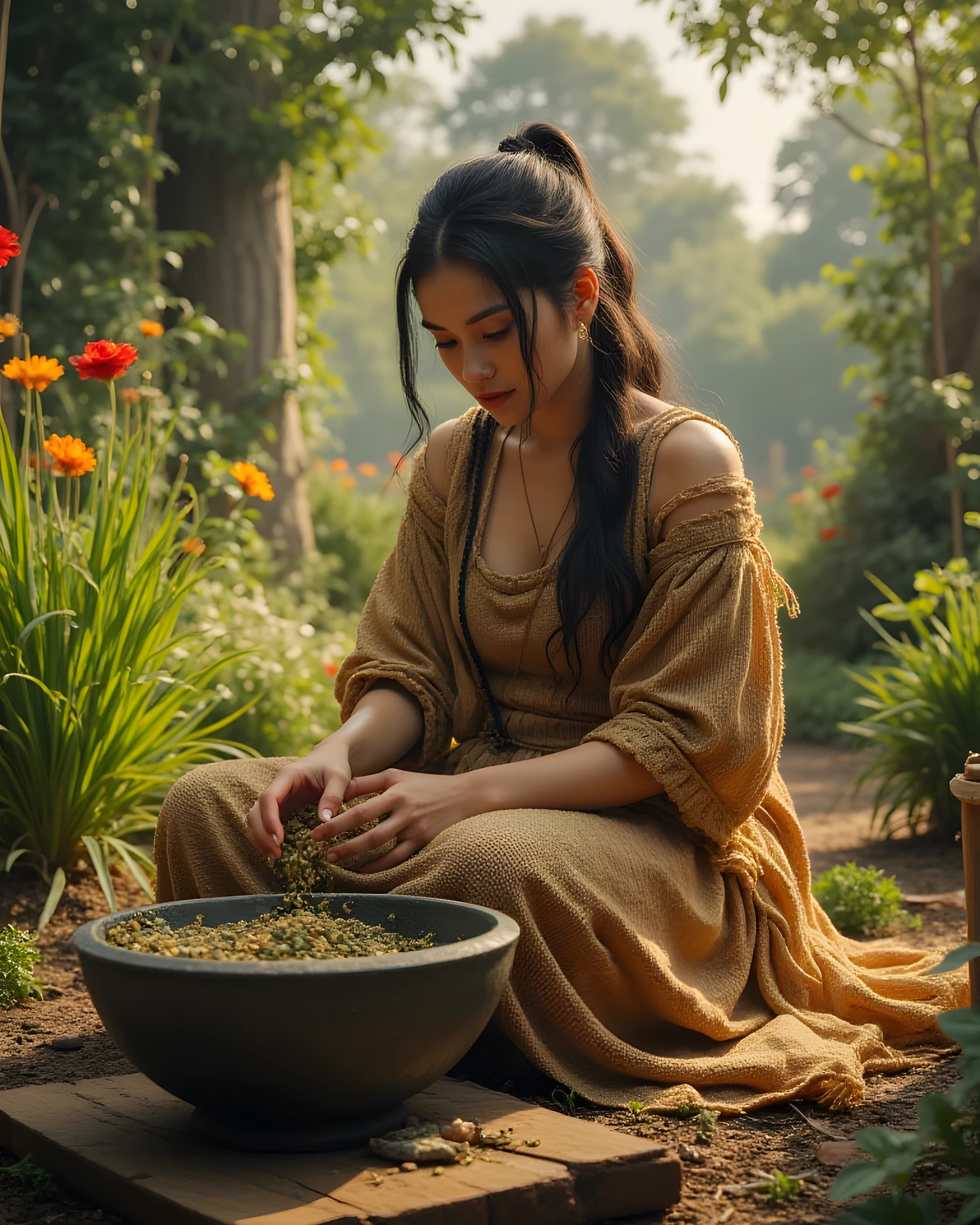 Primitive age era, (Stone primitive age era:1.6), ((Realistic cinematography ultra-wide depth intense details of realistically precise scenery herbalism garden)),orderly herbal garden on the background,a detailed of germanic female herbalist,holding and grinding herbals on stone quern,filled with herbal ingredients,(herbs scenery),(chemical reaction),((vivacious)),wearing fully,long primitives tribal long kimono straw woven fabric dress,,,(perfectly depth symmetrically precise curvy busty full body shape),sitting body pose, (cinematic dynamically camera widely angle scenery:accurately depicted:1.3),the lively prehistoric cradle of herbalist depicting scenery,midday,realistically full depth,(cinematography dynamic angle|hyperrealistic:realistic scenery:3d texture over the scenery),best videography angle,hdr,greeny vibes, (cinematography vibe),primitive fabric wardrobe,(dynamic image composition),(octane 3d rendering|50mm lens shot:1.3),(precise lifelike skin texture:lifelike hairs:realism),(best rule of third photography composition),(best image aperture),(full details depth of field),(best shutter speed),(RAW photo image),(photorealistic|photorealism:hyperrealism style),(realistic depth 3d:cgi:1.3),(trending on cgsociety:devianart:unreal engine 5),,(best photography:national Geographic style), greenPunkAi and tikiPunkAi artwork, digital art,best lighting concept,(realistic intricately fixed truly fully human's anatomy body+hands+and+fingers anatomical),natural motion,inspired by farcry5 game artwork.