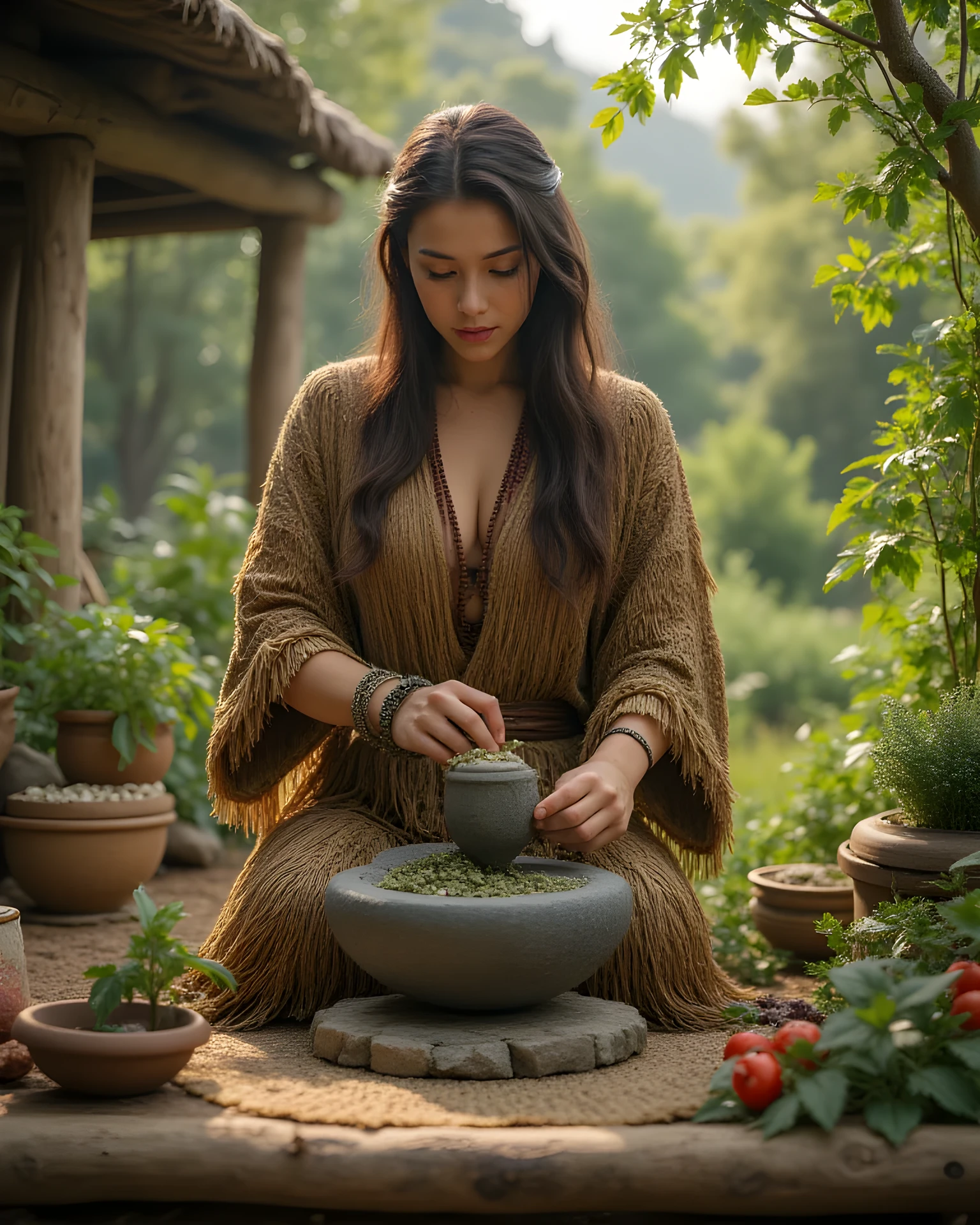 Primitive age era, (Stone primitive age era:1.6), ((Realistic cinematography ultra-wide depth intense details of realistically precise scenery herbalism garden)),orderly herbal garden on the background,a detailed of germanic female herbalist,holding and grinding herbals on stone quern,filled with herbal ingredients,(herbs scenery),(chemical reaction),((vivacious)),wearing fully,long primitives tribal long kimono straw woven fabric dress,,,(perfectly depth symmetrically precise curvy busty full body form),(cinematic dynamically camera widely angle scenery:accurately depicted:1.3),the lively prehistoric cradle of herbalist depicting scenery,midday,realistically full depth,(cinematography dynamic angle|hyperrealistic:realistic scenery:3d texture over the scenery),best videography angle,hdr,greeny vibes, (cinematography vibe),primitive fabric wardrobe,(dynamic image composition),(octane 3d rendering|50mm lens shot:1.3),(precise lifelike skin texture:lifelike hairs:realism),(best rule of third photography composition),(best image aperture),(full details depth of field),(best shutter speed),(RAW photo image),(photorealistic|photorealism:hyperrealism style),(realistic depth 3d:cgi:1.3),(trending on cgsociety:devianart:unreal engine 5),,(best photography:national Geographic style), greenPunkAi and tikiPunkAi artwork, digital art,best lighting concept,(realistic intricately fixed truly fully human's anatomy body+hands+and+fingers anatomical),natural motion,inspired by farcry5 game artwork.