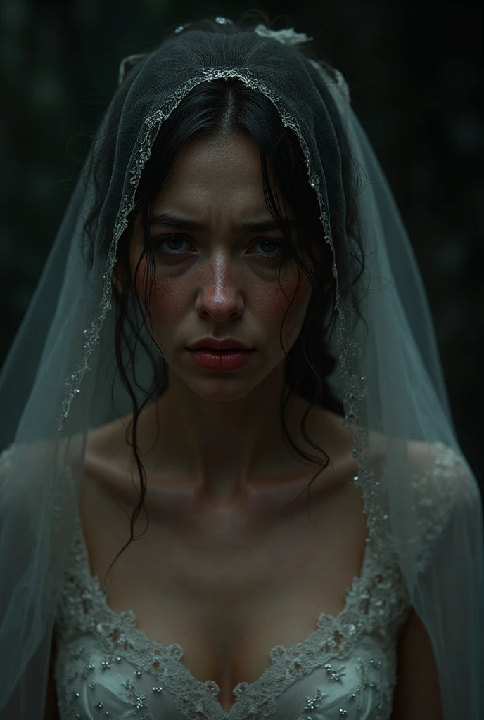 cinematic frame close-up face of a deathly pale bride kneeling, face focus, from above, white lace veil, blue eyes, blank facial expression, detailed skin, photorealistic, soft light, creepy atmosphere, style of gothic horror films  <lora:corpse-000090:1>