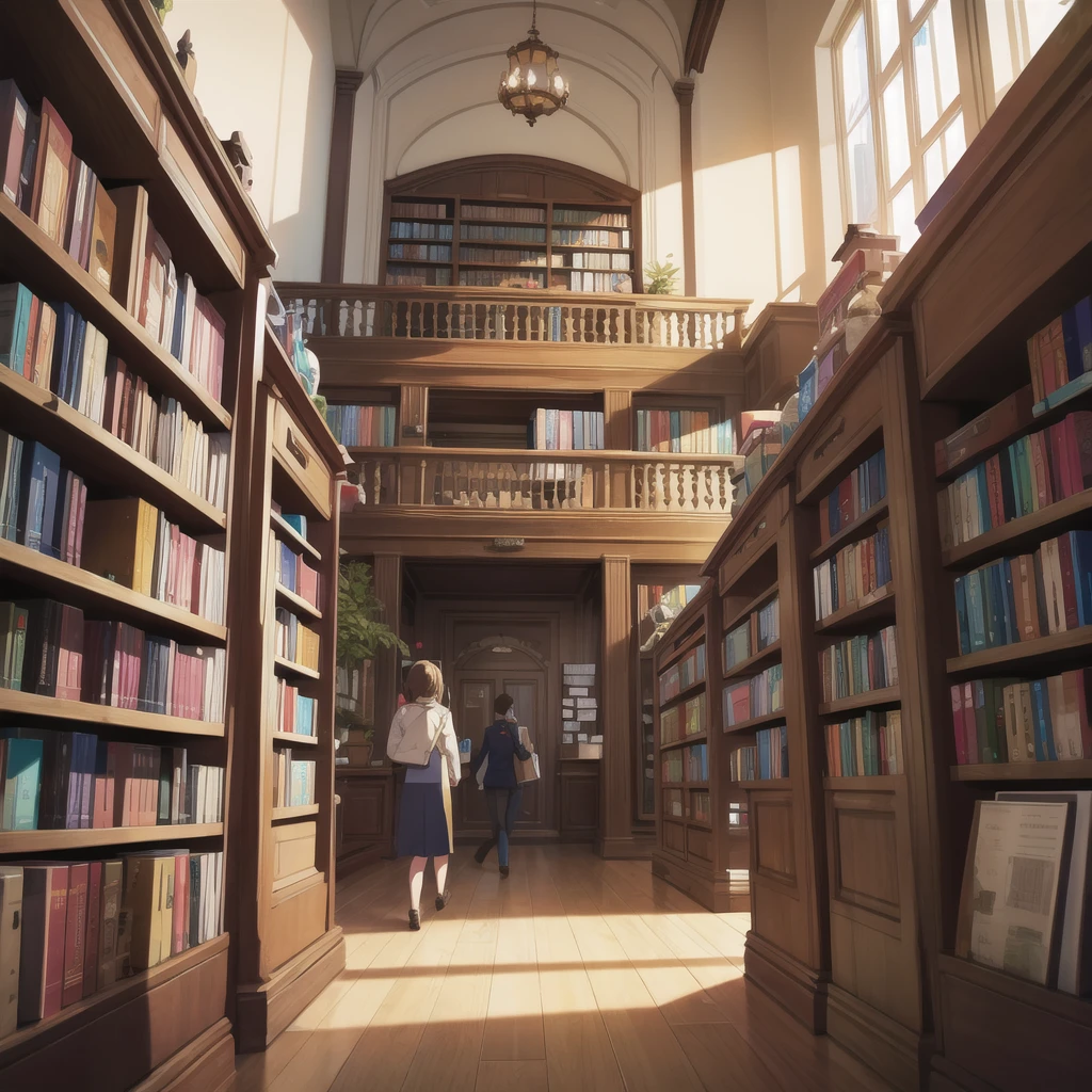 Estamos en una sala, In the background we see a bookshelf and next to it a window. Afuera de la ventana vemos un pajaro 