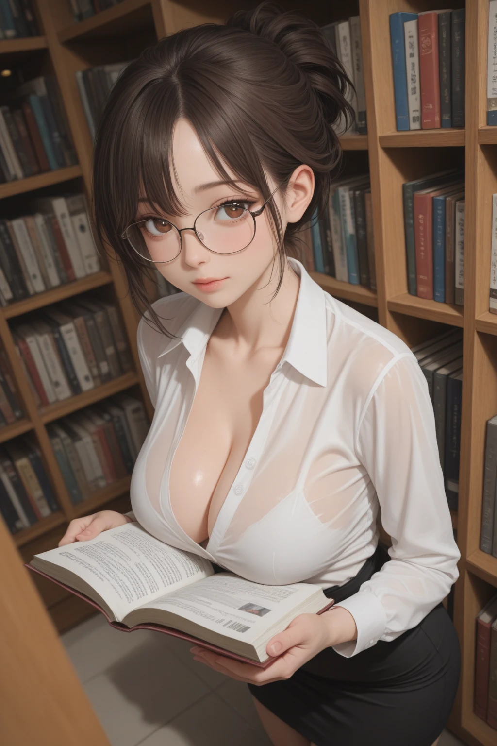 ???? Librarian, reading at her desk, in library, busty, cleavage, perfect hands perfect fingers perfect ??????? perfect fit perfect body perfect face perfect image realism detailed background detailed outfit micro ??????, shirt unbuttoned, ???? librarian, hyperrealism, photorealistic, unreal engine, 3dcg, octane render, 8k highest resolution highly detailed