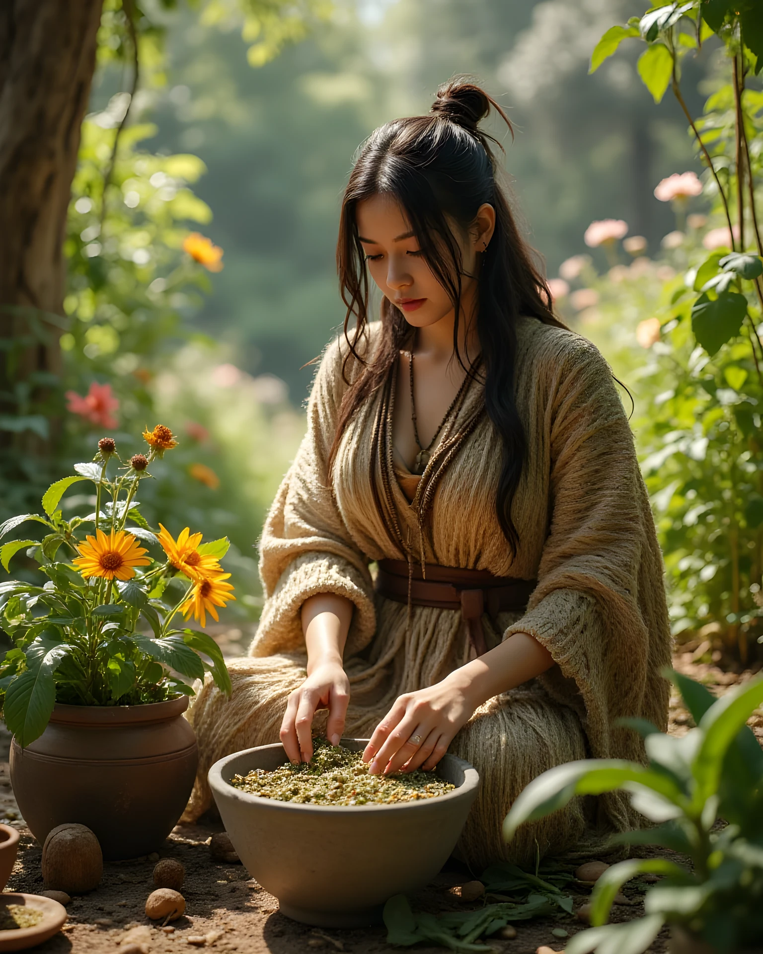 Primitive age era, (Stone primitive age era:1.6), ((Realistic cinematography ultra-wide depth intense details of realistically precise scenery herbalism garden)),orderly herbal garden on the background,a detailed of germanic female herbalist,holding and grinding-mixing herbs on stone quern,filled with herbal ingredients,(herbs scenery),(chemical reaction),shamanic,((vivacious)),wearing fully,long primitives tribal long kimono straw woven fabric dress,,,(perfectly depth symmetrically precise busty full body shape),sitting body pose, (cinematic dynamically camera widely angle scenery:accurately depicted:1.3),the lively prehistoric cradle of herbalist depicting scenery,midday,realistically full depth,(cinematography dynamic angle|hyperrealistic:realistic scenery:3d texture over the scenery),best videography angle,hdr,greeny vibes, (cinematography vibe),primitive fabric wardrobe,(dynamic image composition),(octane 3d rendering|50mm lens shot:1.3),(precise lifelike skin texture:lifelike hairs:realism),(best rule of third photography composition),(best image aperture),(full details depth of field),(best shutter speed),(RAW photo image),(photorealistic|photorealism:hyperrealism style),(realistic depth 3d:cgi:1.3),(trending on cgsociety:devianart:unreal engine 5),,(best photography:national Geographic style), greenPunkAi and tikiPunkAi artwork, digital art,best lighting concept,(realistic intricately fixed truly fully human's anatomy body+hands+and+fingers anatomical),natural motion,inspired by farcry5 game artwork.
