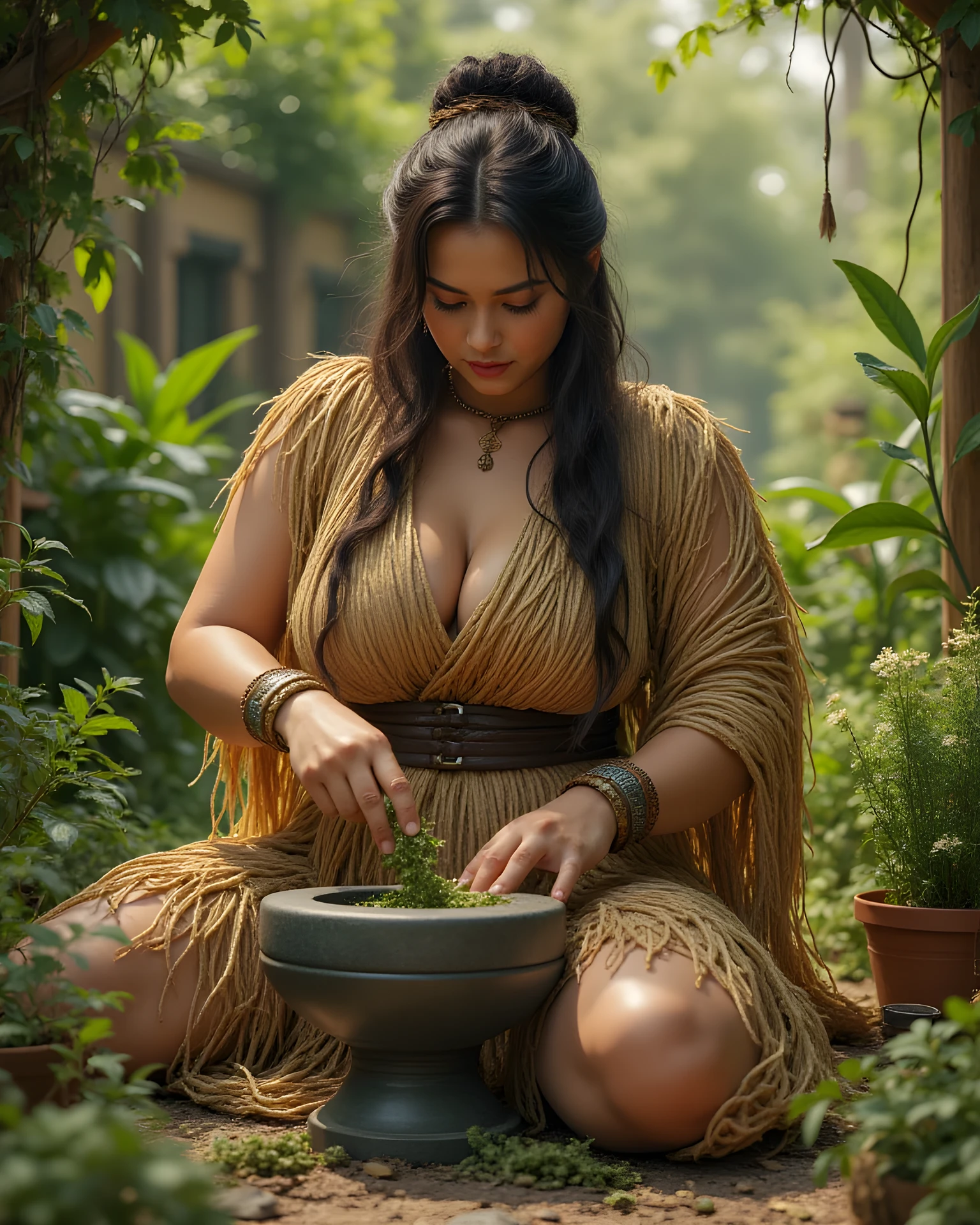 Primitive age era, (Stone primitive age era:1.6), ((Realistic cinematography ultra-wide depth intense details of realistically precise scenery herbalism garden)),orderly herbal garden on the background,a detailed of germanic female herbalist,holding and grinding-mixing herbs on stone quern,filled with herbal ingredients,(herbs scenery),(chemical reaction),shamanic,((vivacious)),wearing fully,long primitives tribal long kimono straw woven fabric dress,,,(perfectly depth symmetrically precise busty full body shape),sitting body pose, (cinematic dynamically camera widely angle scenery:accurately depicted:1.3),the lively prehistoric cradle of herbalist depicting scenery,midday,realistically full depth,(cinematography dynamic angle|hyperrealistic:realistic scenery:3d texture over the scenery),best videography angle,hdr,greeny vibes, (cinematography vibe),primitive fabric wardrobe,(dynamic image composition),(octane 3d rendering|50mm lens shot:1.3),(precise lifelike skin texture:lifelike hairs:realism),(best rule of third photography composition),(best image aperture),(full details depth of field),(best shutter speed),(RAW photo image),(photorealistic|photorealism:hyperrealism style),(realistic depth 3d:cgi:1.3),(trending on cgsociety:devianart:unreal engine 5),,(best photography:national Geographic style), greenPunkAi and tikiPunkAi artwork, digital art,best lighting concept,(realistic intricately fixed truly fully human's anatomy body+hands+and+fingers anatomical),natural motion,inspired by farcry5 game artwork.