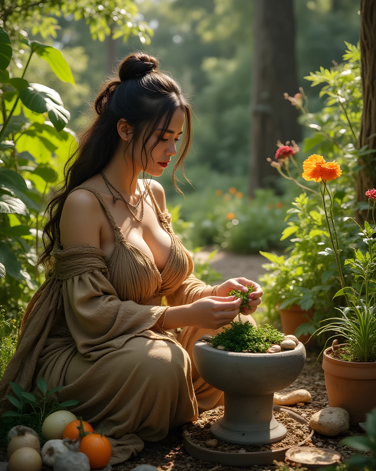 Primitive age era, (Stone primitive age era:1.6), ((Realistic cinematography ultra-wide depth intense details of realistically precise scenery herbalism garden)),orderly herbal garden on the background,a detailed of germanic female herbalist,holding and grinding-mixing herbs on stone quern,filled with herbal ingredients,(herbs scenery),(chemical reaction),shamanic,((vivacious)),wearing fully,long primitives tribal long kimono straw woven fabric dress,,,(perfectly depth symmetrically precise busty full body shape),sitting body pose, (cinematic dynamically camera widely angle scenery:accurately depicted:1.3),the lively prehistoric cradle of herbalist depicting scenery,midday,realistically full depth,(cinematography dynamic angle|hyperrealistic:realistic scenery:3d texture over the scenery),best videography angle,hdr,greeny vibes, (cinematography vibe),primitive fabric wardrobe,(dynamic image composition),(octane 3d rendering|50mm lens shot:1.3),(precise lifelike skin texture:lifelike hairs:realism),(best rule of third photography composition),(best image aperture),(full details depth of field),(best shutter speed),(RAW photo image),(photorealistic|photorealism:hyperrealism style),(realistic depth 3d:cgi:1.3),(trending on cgsociety:devianart:unreal engine 5),,(best photography:national Geographic style), greenPunkAi and tikiPunkAi artwork, digital art,best lighting concept,(realistic intricately fixed truly fully human's anatomy body+hands+and+fingers anatomical),natural motion,inspired by farcry5 game artwork.