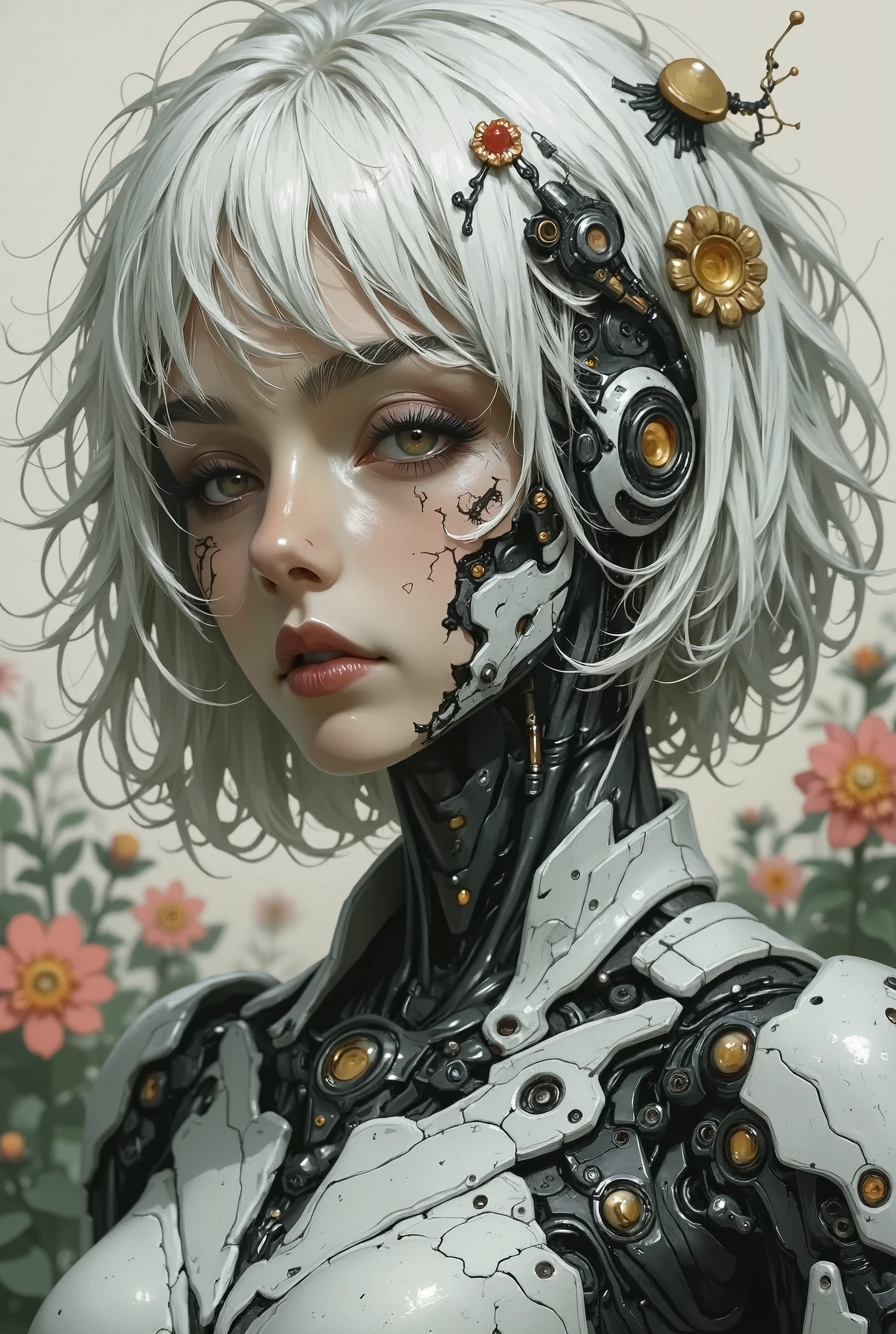 semi-realistic,HassaKu_illu, artist:moriimee, 748cmstyle, jsyu_style, 2025. 09, (1girl, solo, masterpiece, best quality, amazing quality, absurdres, newest), BREAK, depth of field, flowers, cyborg, wires, broken, white hair, messy hair, hair covering eyes, hair over eyes, blunt bangs, black lipstick, robot