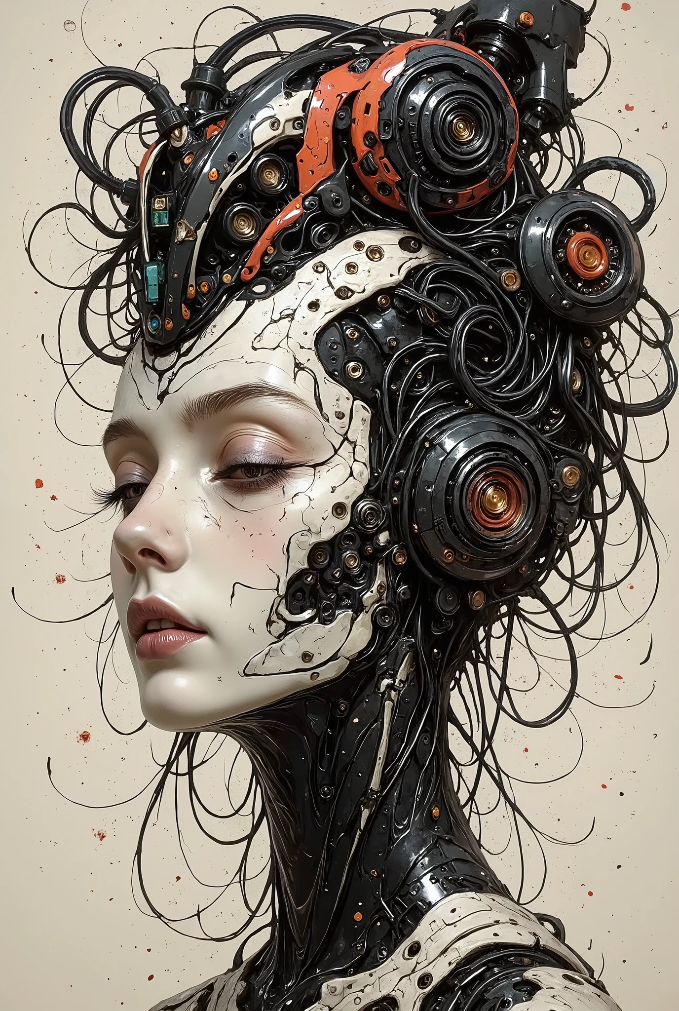 This digital work of art represents a kind of sci-fi scene of the future.The work shows a close-up of a woman's face, her eyes tightly closed, and her head tilted back, as if she were at rest.The woman's head is covered with intricate patterns and ornaments, and on her head she wears a huge futuristic helmet with a slight tilt.The helmet consists of various mechanical elements, including cables, wires and gears., which are intertwined with each other and arranged in a checkerboard pattern.The background is a mixture of black and white interspersed with red and orange, which creates a chaotic and dynamic atmosphere.The overall tone of the image is full of mystery and curiosity.