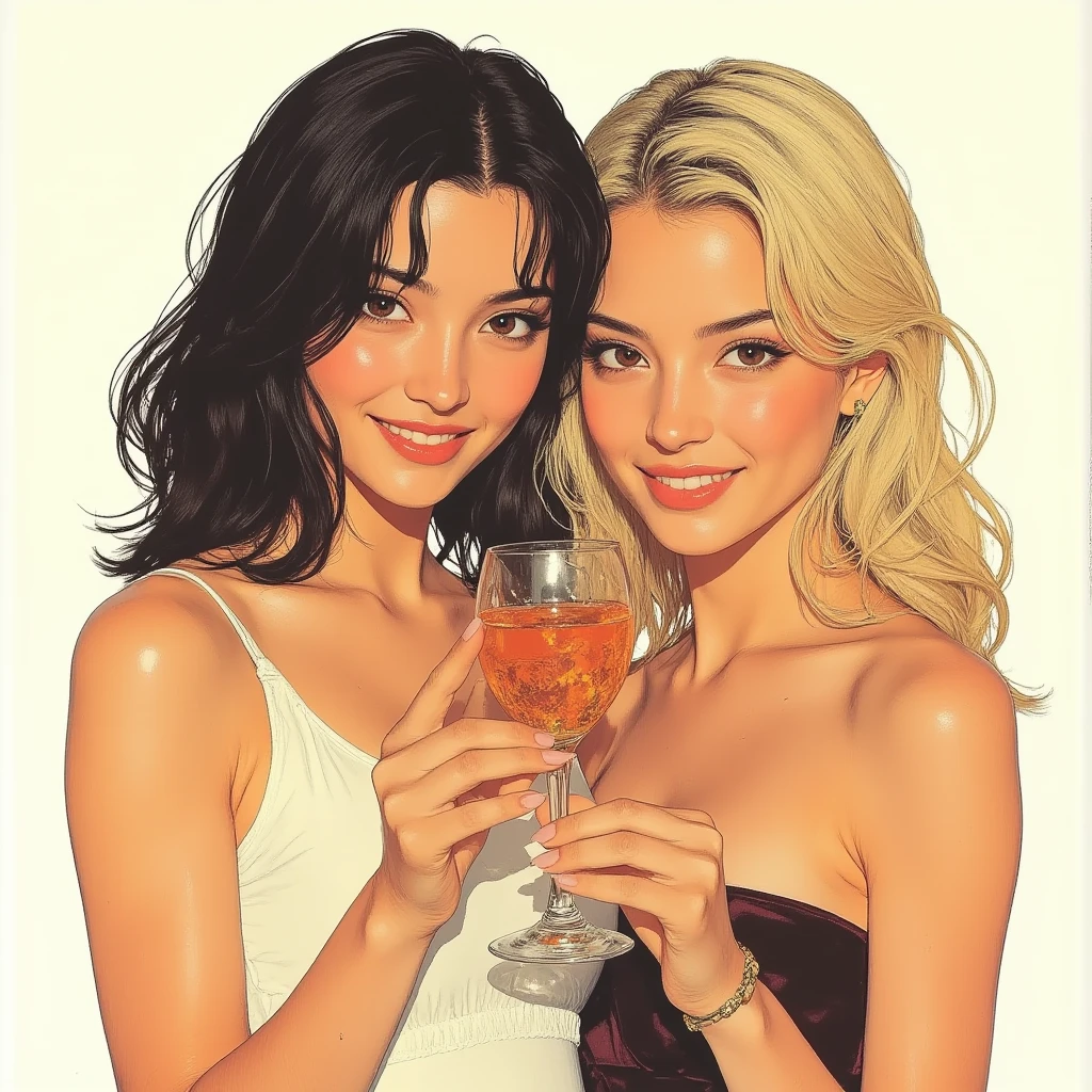 three women have fun and dance, each holding a cup of liquor, luxurious cups(art inspired by Brian Froud and Carne Griffiths and Wadim Kashin, intricate details, oil)
