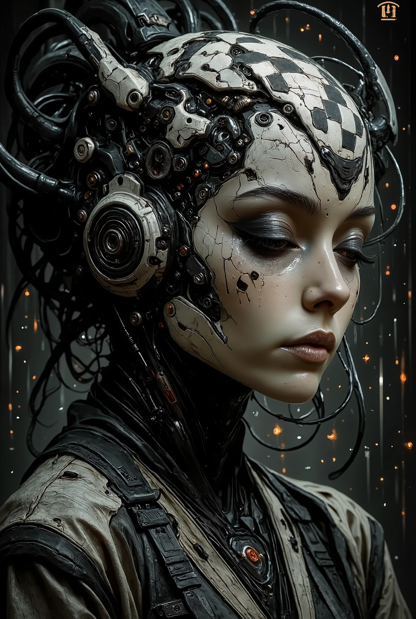 This digital work of art represents a kind of sci-fi scene of the future.The work shows a close-up of a woman's face, her eyes tightly closed, and her head tilted back, as if she were at rest.The woman's head is covered with intricate patterns and ornaments, and on her head she wears a huge futuristic helmet with a slight tilt.The helmet consists of various mechanical elements, including cables, wires and gears., which are intertwined with each other and arranged in a checkerboard pattern.The background is a mixture of black and white interspersed with red and orange, which creates a chaotic and dynamic atmosphere.The overall tone of the image is full of mystery and curiosity.