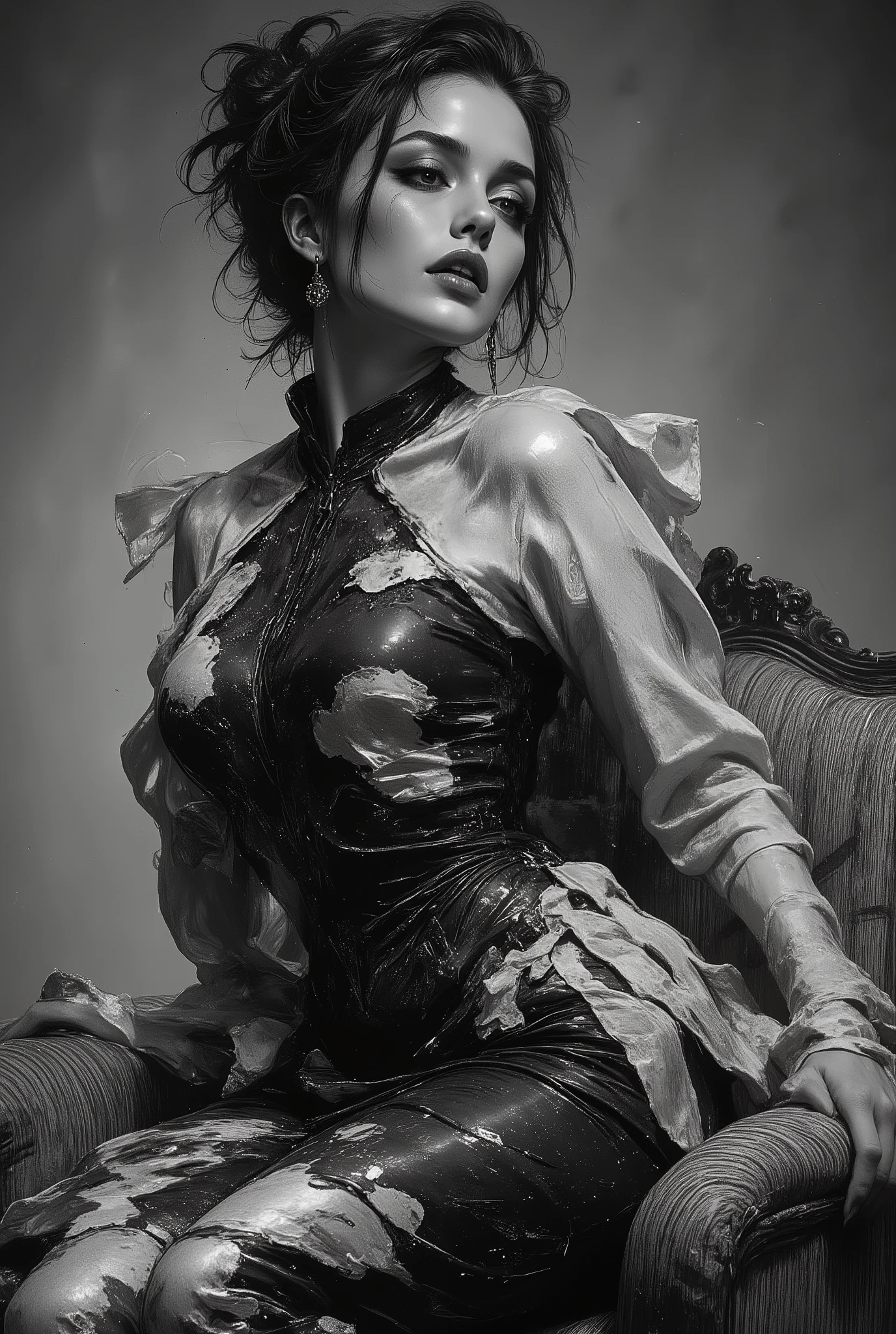 This black-and-white photograph captures a sophisticated woman in a vintage style, likely from the mid-20th century. She is seated, leaning slightly to her left, with her left arm resting on a striped chair. Her posture is elegant and relaxed, with her head tilted slightly to her right, gazing thoughtfully into the distance. Her dark hair is styled in a neat, low bun, which accentuates her sharp facial features and classic beauty. The woman is wearing a sleeveless, form-fitting dress with a halter neckline. The dress features a striking, geometric pattern with overlapping layers of fabric in varying shades of dark and light, creating a textured, almost sculptural effect. She accessorizes with long, dangling earrings that drape elegantly against her neck, adding to her glamorous appearance. The background is a simple, gradient wash of light and dark tones, which helps to focus attention on the subject. The lighting is soft, casting gentle shadows that highlight the contours of her face and the folds of her dress, giving the photograph a timeless, polished look. The overall mood of the image is one of serene elegance and quiet introspection.,Vintage,50s age style