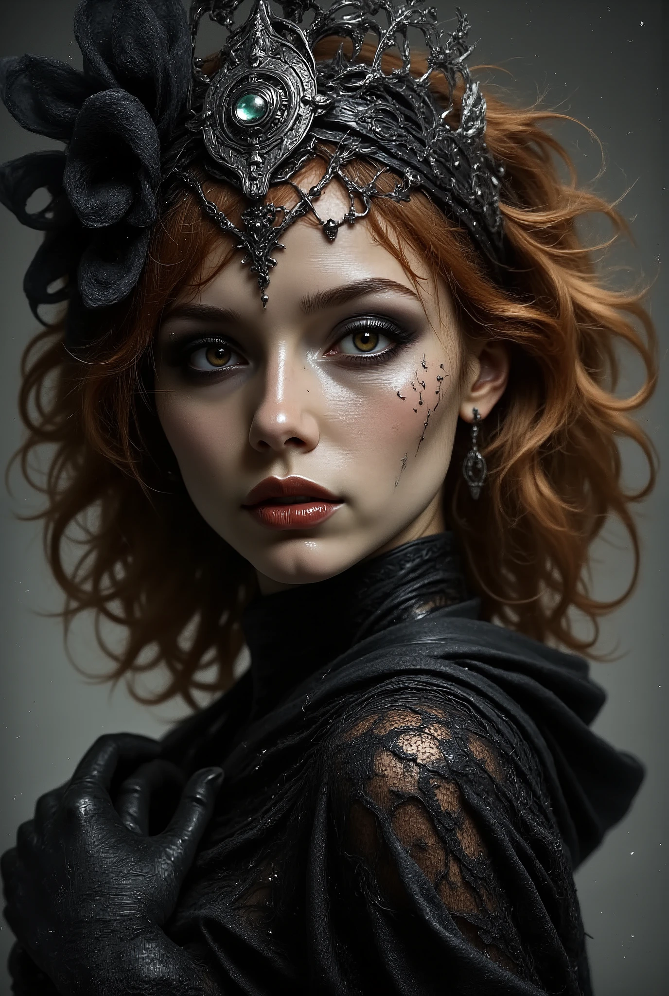 WLOP masterpiece, aerial overhead shot, 3/4 view, full face view, close up of a young ginger haired woman, action pose, open lips, dreamy gothic girl, empathic blue eyes, double exposure, elegant render, mistress, photoshop render, ebony rococo, elegant girl, female spy, haunting beautiful young woman, super-hero girl, extravagant meshed dress, beauty girl, zorro, intricate diamond diadem, diamond ear rings,, 8k resolution,Auguste Renoir ~ Paul Peel ~ John Singer Sargent ~ Alexandre-Jacques Chantron ~ John William Godward ~ John William Waterhouse ~ Han-Wu Shen ~ Ishitaka Amano ~ Chakrapan Posayakrit ~ Kim Jung Gi ~ Kei Mieno ~ Ikushima Hiroshi ~ WLOP ~ William-Adolphe Bouguereau ~ Alphonse Mucha ~Luis Royo ~ Range Murata ~ Jock Sturges photography ~ David Hamillton photography ~ Rustic Sketchbook Style, Sketch Book, Hand Drawn, Dark, Gritty, Realistic Sketch, Rough Sketch, Mix of Bold Dark Lines and Loose Lines, Bold Lines, On Paper, Turnaround Character Sheet, Natural Light, Dynamic, Highly Detailed, Watercolor Painting, Watercolor Paper, Artstation, Concept Art, Smooth and Crisp, Sharp Focus, Illustration, Goth girl,.retro glam,,surreal,sparkles, close-up, macro.