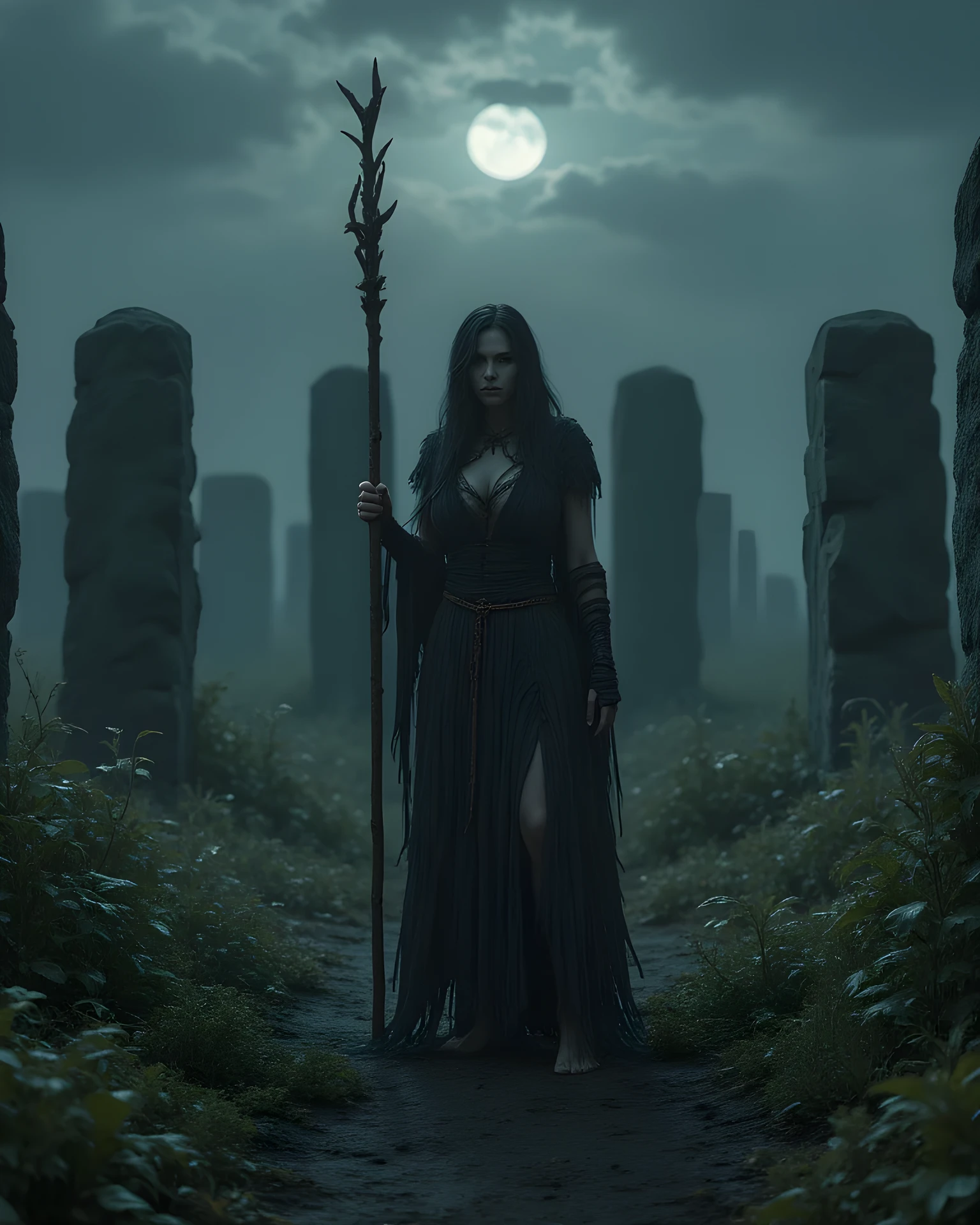 Primitive age era, (Stone primitive age era:1.6), ((Realistic cinematography ultra-wide depth intense details of realistically precise scenery cemetery bone tombs)),orderly bone Stonehenge tombs on the background,a detailed of female shaman witch,holding bone ornament staff,filled with horrific herbs,(horror scenery),(dark arts),((vivacious)),wearing fully,long primitives coverage long robe straw woven fabric dress,,,(perfectly depth symmetrically precise full body form),(cinematic dynamically camera widely angle scenery:accurately depicted:1.3),the lively prehistoric cradle of dark magic depicting scenery,mid night,realistically full depth,(cinematography dynamic angle|hyperrealistic:realistic scenery:3d texture over the scenery),best videography angle,hdr,blue hour, (cinematography vibe),primitive fabric wardrobe,(dynamic image composition),(octane 3d rendering|50mm lens shot:1.3),(precise lifelike skin texture:lifelike hairs:realism),(best rule of third photography composition),(best image aperture),(full details depth of field),(best shutter speed),(RAW photo image),(photorealistic|photorealism:hyperrealism style),(realistic depth 3d:cgi:1.3),(trending on cgsociety:devianart:unreal engine 5),,(best photography:national Geographic style), ghostPunkAi and stonePunkAi artwork, digital art,best lighting concept,(realistic intricately fixed truly fully human's anatomy body+hands+and+fingers anatomical),natural motion,inspired by silent_hill game artwork.