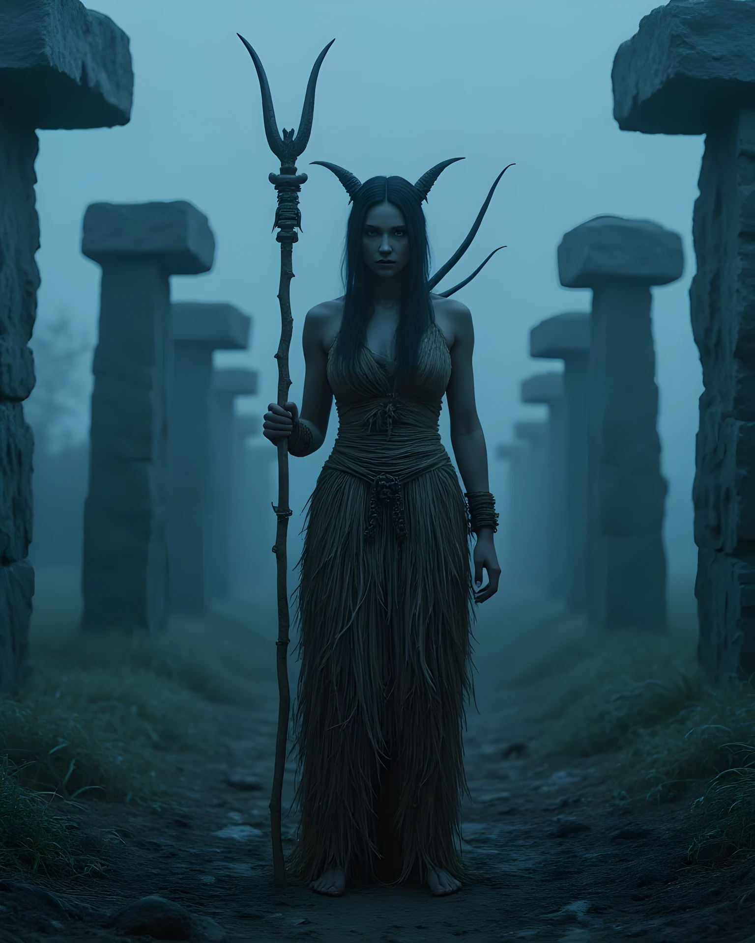 Primitive age era, (Stone primitive age era:1.6), ((Realistic cinematography ultra-wide depth intense details of realistically precise scenery cemetery bone tombs)),orderly bone Stonehenge tombs on the background,a detailed of female shaman witch,holding bone ornament staff,filled with horrific herbs,(horror scenery),(dark arts),((vivacious)),wearing fully,long primitives coverage long robe straw woven fabric dress,,,(perfectly depth symmetrically precise full body form),(cinematic dynamically camera widely angle scenery:accurately depicted:1.3),the lively prehistoric cradle of dark magic depicting scenery,mid night,realistically full depth,(cinematography dynamic angle|hyperrealistic:realistic scenery:3d texture over the scenery),best videography angle,hdr,blue hour, (cinematography vibe),primitive fabric wardrobe,(dynamic image composition),(octane 3d rendering|50mm lens shot:1.3),(precise lifelike skin texture:lifelike hairs:realism),(best rule of third photography composition),(best image aperture),(full details depth of field),(best shutter speed),(RAW photo image),(photorealistic|photorealism:hyperrealism style),(realistic depth 3d:cgi:1.3),(trending on cgsociety:devianart:unreal engine 5),,(best photography:national Geographic style), ghostPunkAi and stonePunkAi artwork, digital art,best lighting concept,(realistic intricately fixed truly fully human's anatomy body+hands+and+fingers anatomical),natural motion,inspired by farcry5 game artwork.