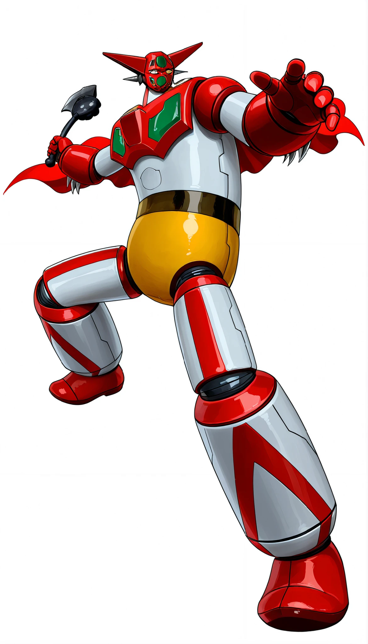 Getter Robo、standing confidently、white background、(getter robo, super robot, mecha),axe,red cape、dynamic pose