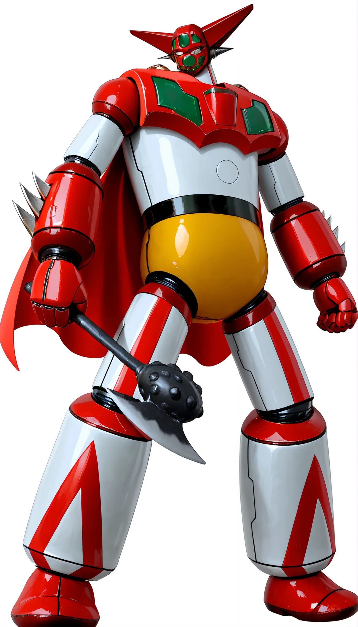 Getter Robo、standing confidently、white background、(getter robo, super robot, mecha),axe,red cape、dynamic pose