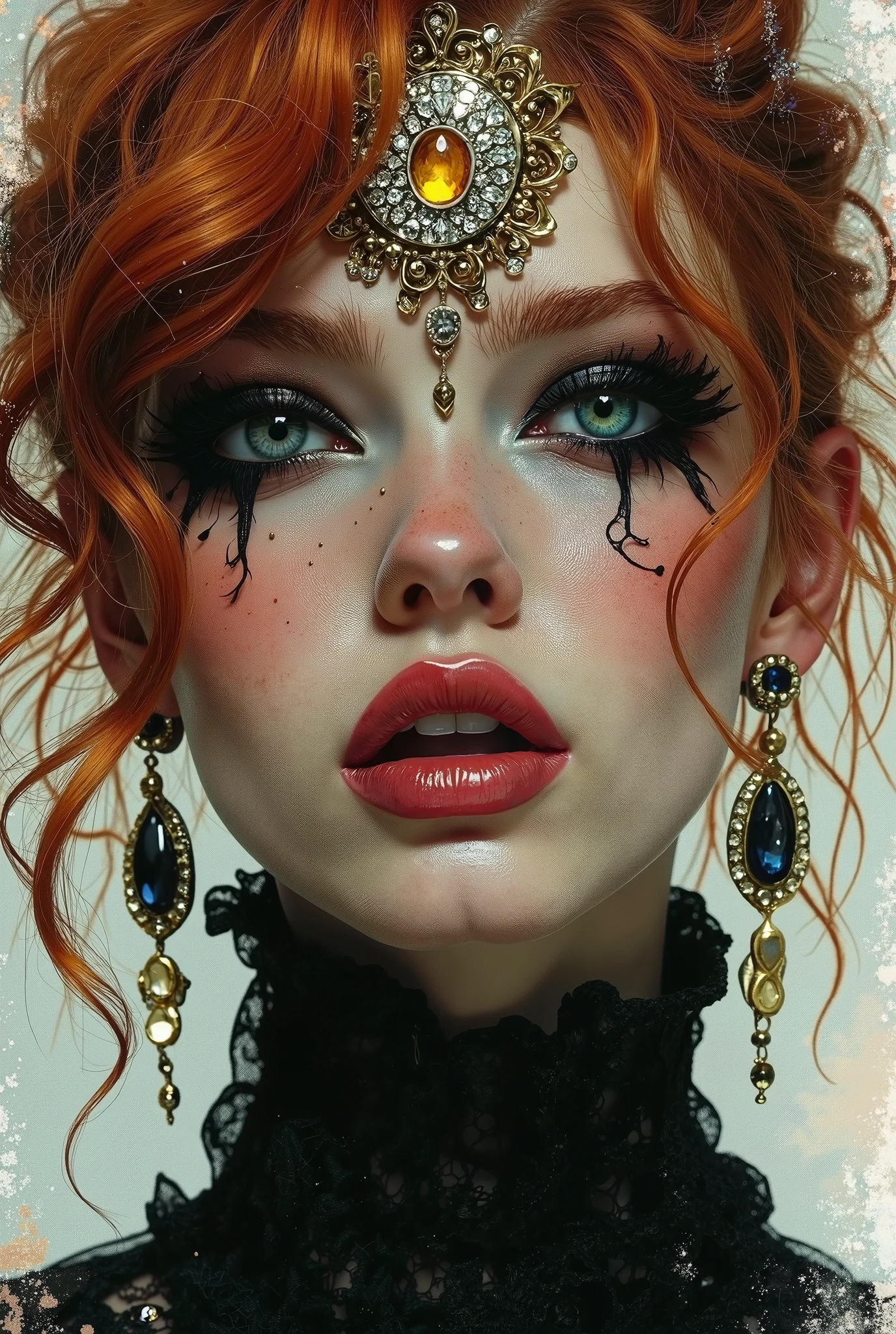 WLOP masterpiece, aerial overhead shot, 3/4 view, full face view, close up of a young ginger haired woman, action pose, open lips, dreamy gothic girl, empathic blue eyes, double exposure, elegant render, mistress, photoshop render, ebony rococo, elegant girl, female spy, haunting beautiful young woman, super-hero girl, extravagant meshed dress, beauty girl, zorro, intricate diamond diadem, diamond ear rings,, 8k resolution,Auguste Renoir ~ Paul Peel ~ John Singer Sargent ~ Alexandre-Jacques Chantron ~ John William Godward ~ John William Waterhouse ~ Han-Wu Shen ~ Ishitaka Amano ~ Chakrapan Posayakrit ~ Kim Jung Gi ~ Kei Mieno ~ Ikushima Hiroshi ~ WLOP ~ William-Adolphe Bouguereau ~ Alphonse Mucha ~Luis Royo ~ Range Murata ~ Jock Sturges photography ~ David Hamillton photography ~ Rustic Sketchbook Style, Sketch Book, Hand Drawn, Dark, Gritty, Realistic Sketch, Rough Sketch, Mix of Bold Dark Lines and Loose Lines, Bold Lines, On Paper, Turnaround Character Sheet, Natural Light, Dynamic, Highly Detailed, Watercolor Painting, Watercolor Paper, Artstation, Concept Art, Smooth and Crisp, Sharp Focus, Illustration, Goth girl,.retro glam,,surreal,sparkles, close-up, macro.