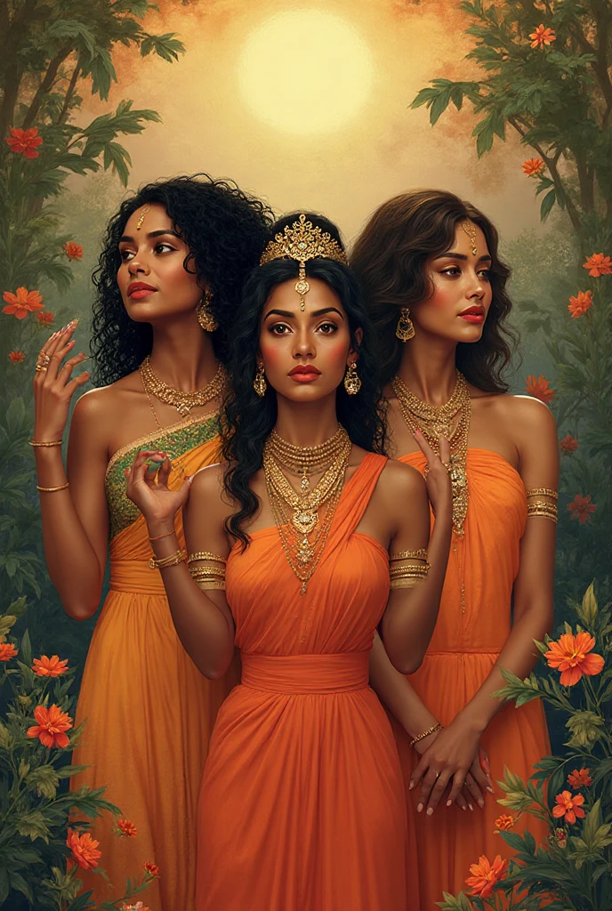 three priestesses of the sun temple, in golden dresses, black hair, golden eyes, a lot of decorations, Arabian architecture, circle symbols