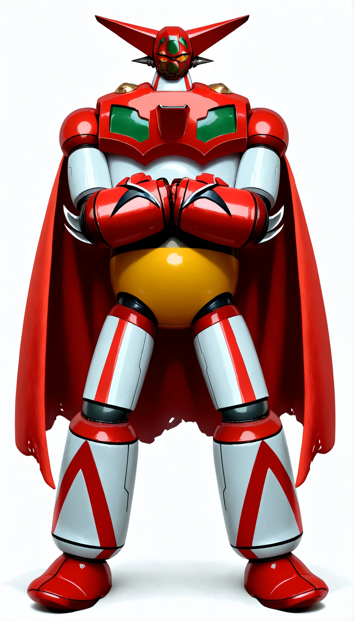 Getter Robo、standing confidently、white background、(Getter Robo, Super Robot, Mecha), stand with arms folded、dynamic pose、red cloak、