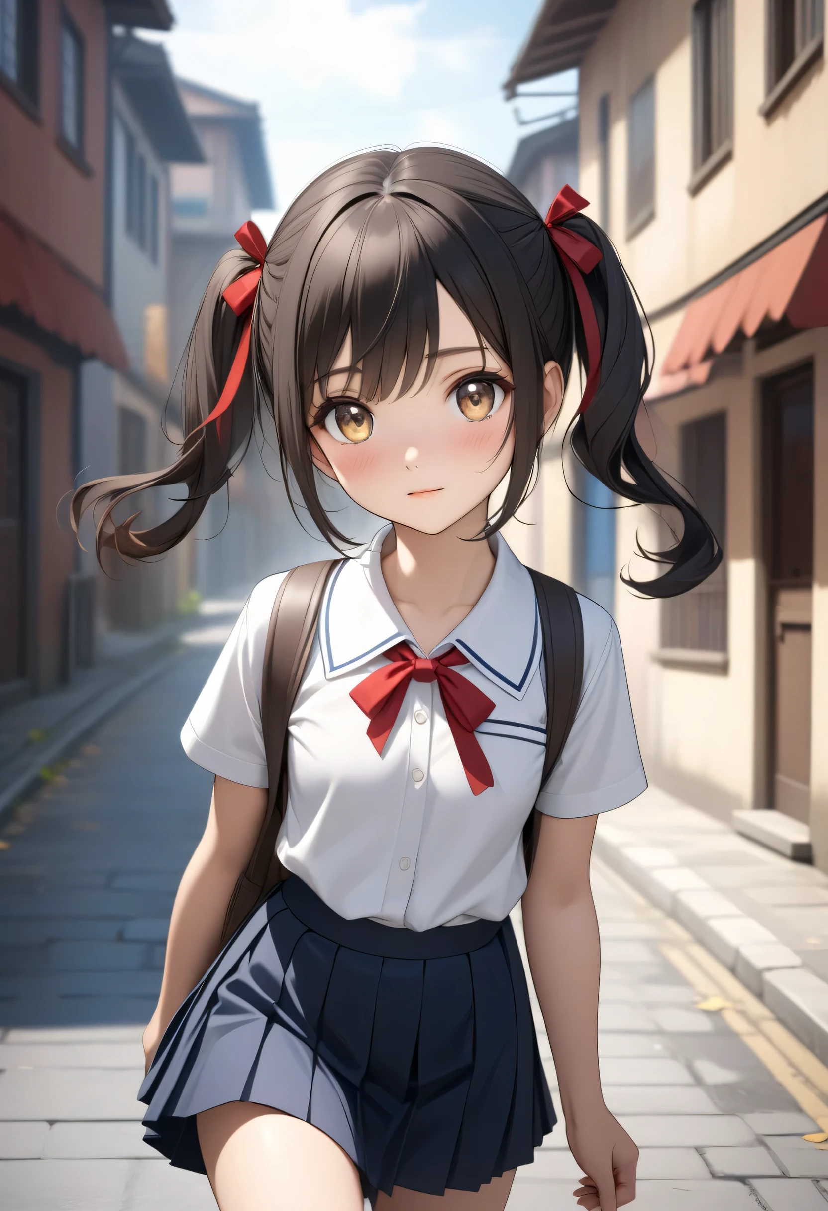 (masterpiece, best quality, high resolution, UHD, perfect pixels, depth of field, 4k, RTX, hdr))), 14-year-old girl, Half body, slim body, nice figure, Small height , Beautiful anime girl, short height, beautiful artistic style, anime character, ((small look, childish gaze, beautiful face), (black hair, very short hair with two pigtails on the sides and tied with red ribbons ,  long bangs to one side , dark brown hair, piel morena)), ( light honey-colored eyes ,), (detailed face, blush: 1.2), (SOFT TEXTURE: 0.75, realistic texture: 0.65, photorealistic: 1.1, anime cg style), small breasts, foreground, front view(showed: school blouse dress collar, color white short sleeve, dark blue pleated short skirt, she is walking down a street with houses on the sides and carrying a backpack behind her back