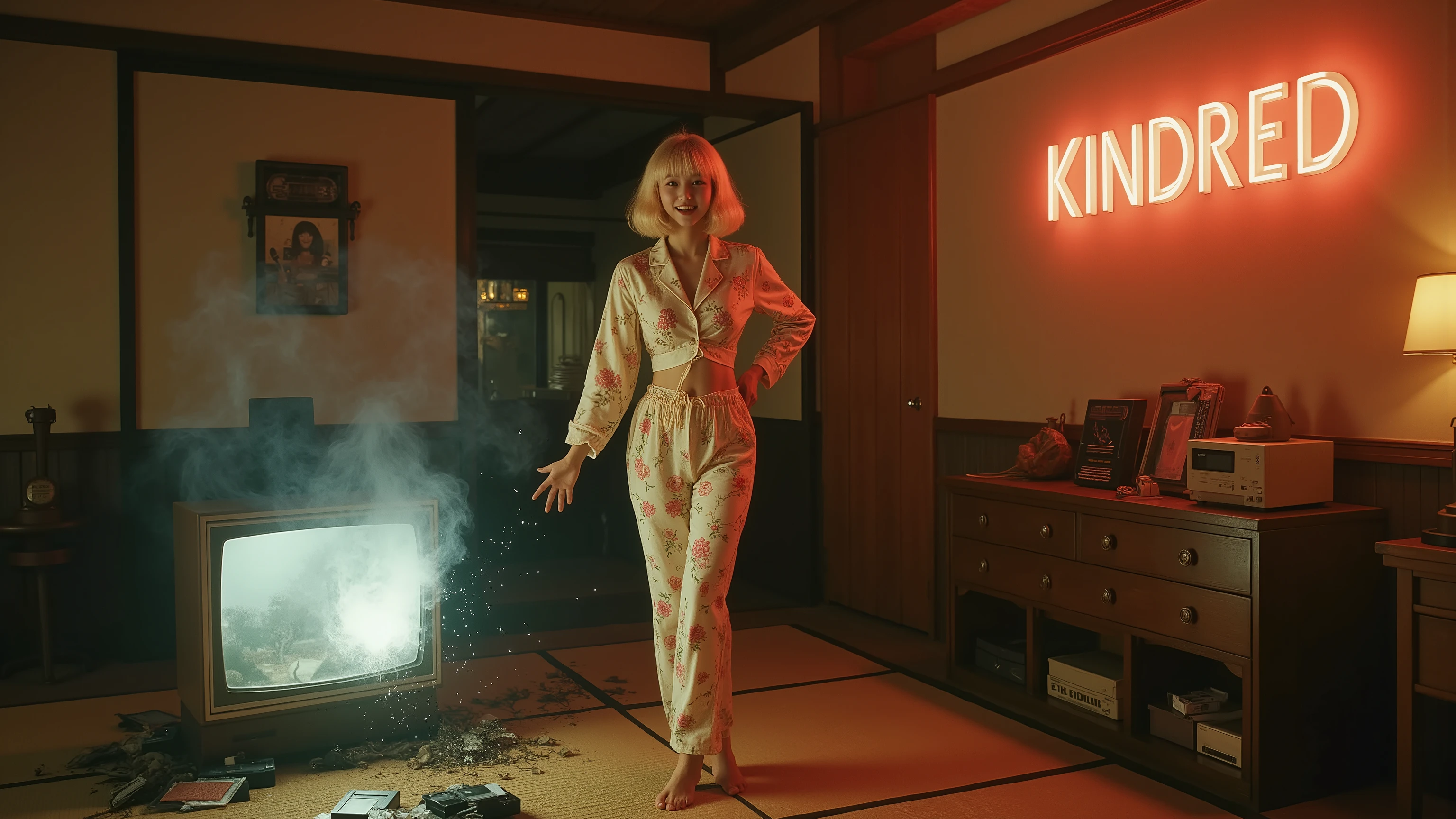 A hyper-realistic photograph in a dimly lit vintage Japanese living room with tatami mats, warm lamp light, and wooden furniture. The same young Japanese woman from the TV is now fully outside in reality, her entire body visible. She has fluffy blonde bangs, a short bob haircut curled slightly at the ends, warm brown almond-shaped eyes, and wears the same soft floral-patterned blouse and pajama-style outfit. She stands joyfully on the tatami floor, smiling brightly with sparkling eyes, arms slightly outstretched in happiness.
Behind her, at the lower part of the scene, the retro CRT television from the 1980s is broken and smoking, lying damaged with scattered VHS tapes and shards around it. Faint magical glowing particles linger in the air as if she just stepped out of the TV.
On the right side near her, glowing retro-style typography spelling “KINDRED” appears, designed in nostalgic 80s Japanese poster font with soft neon light glow, blending naturally into the cinematic atmosphere.
Ultra-detailed 8K textures, realistic atmospheric haze, warm cinematic shadows, sharp focus, professional photography style, full-body framing with zoomed-out composition.