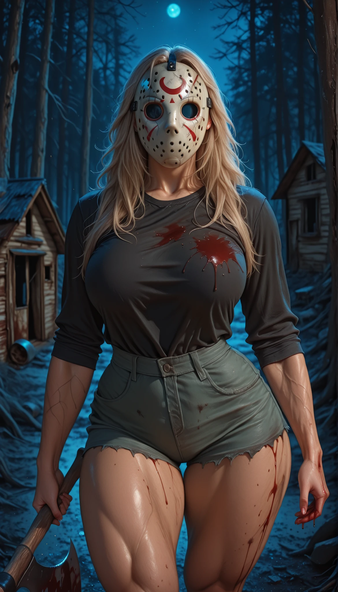 1female,solo,Jason Voorhees,long hair,hockey mask,black shirt, thight pant, large breasts, thick muscular thighs, wide curvy hips, voluptuous body, indoor, abandoned small house, blood on axe, blood on clothes, huge axe in hand, forest,night, realistic, hyperrealstic details, 8k, masterpiece,