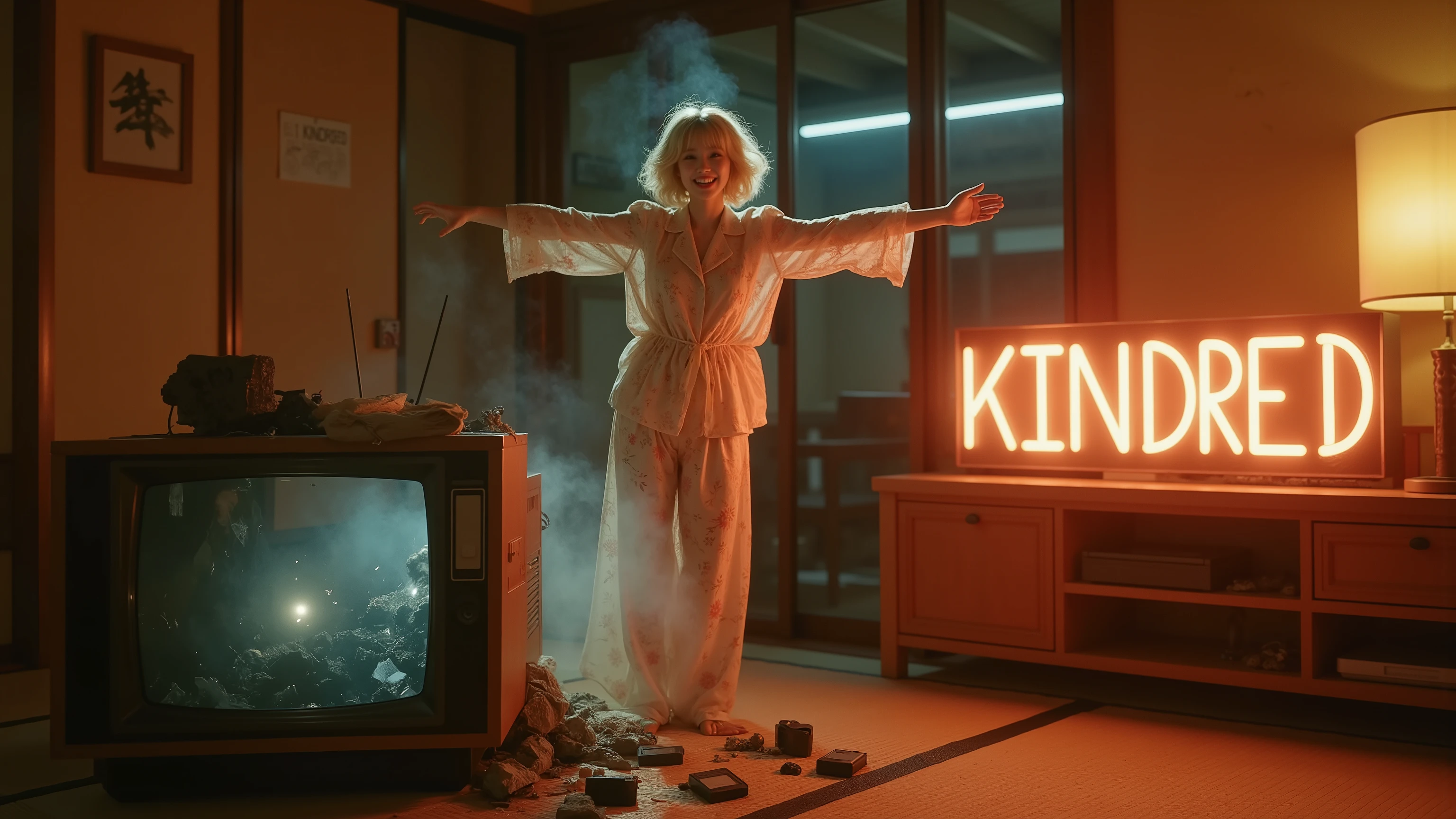 A hyper-realistic photograph in a dimly lit vintage Japanese living room with tatami mats, warm lamp light, and wooden furniture. The same young Japanese woman from the TV is now fully outside in reality, her entire body visible. She has fluffy blonde bangs, a short bob haircut curled slightly at the ends, warm brown almond-shaped eyes, and wears the same soft floral-patterned blouse and pajama-style outfit. She stands joyfully on the tatami floor, smiling brightly with sparkling eyes, arms slightly outstretched in happiness.
Behind her, at the lower part of the scene, the retro CRT television from the 1980s is broken and smoking, lying damaged with scattered VHS tapes and shards around it. Faint magical glowing particles linger in the air as if she just stepped out of the TV.
On the right side near her, glowing retro-style typography spelling “KINDRED” appears, designed in nostalgic 80s Japanese poster font with soft neon light glow, blending naturally into the cinematic atmosphere.
Ultra-detailed 8K textures, realistic atmospheric haze, warm cinematic shadows, sharp focus, professional photography style, full-body framing with zoomed-out composition.