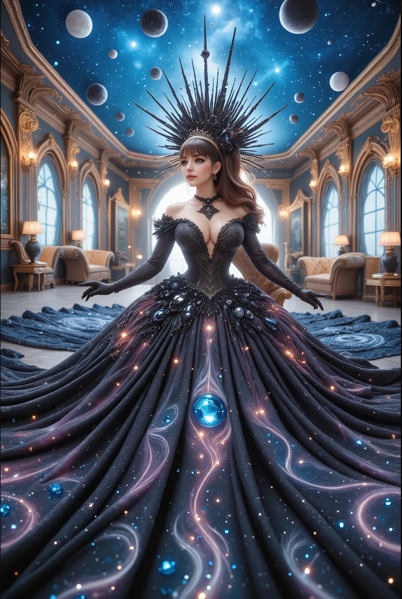 A high-resolution, detailed 3D rendering style. A young woman with big bobs, adorned in a lavish gown, strapless dress, is seated against the backdrop of an elegant, tufted sofa. Her gown is striking, with a shimmering bodice adorned with silver trim leading to a voluminous skirt. The skirt features a stunning celestial design, reminiscent of the night sky, peppered with luminous stars and swirling patterns of light—a palette dominated by deep blue hues and warm golden yellow accents. Her hair is elegantly styled and she wears a shimmering tiara, completing her regal look. The atmosphere is one of fantasy and enchantment, enhanced by the ornate decorations surrounding her and the light silhouette of the cosmic sky overhead. Rich in texture and vibrant color, the scene presents a blend of fashion ingenuity and artistic flair, enveloping the viewer in a dreamlike atmosphere. masterpiece,high r,8k,ultra-detailed,photorealistic
