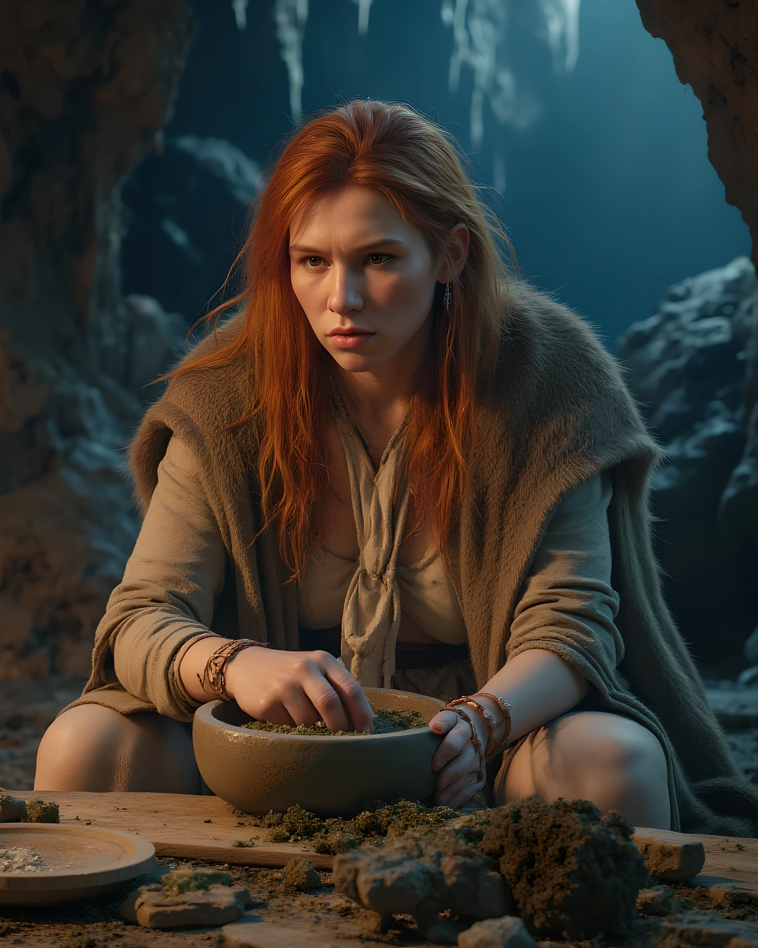 Primitive age era, (Stone primitive age era:1.6), ((Realistic cinematography ultra-wide depth intense details of realistically precise scenery deep cave scenery)),orderly stalagmites on the background,a detailed of Neanderthal ginger female herbalist,holding and grinding herbals on stone quern,filled with herbal ingredients,(herbs scenery),(chemical reaction),((vivacious)),wearing fully covered,long primitives long robe fur woven fabric cloak dress,,,(perfectly depth symmetrically precise muscular bulky full body form),(cinematic dynamically camera widely angle scenery:accurately depicted:1.3),the lively prehistoric cradle of herbalist depicting scenery,night,realistically full depth,(cinematography dynamic angle|hyperrealistic:realistic scenery:3d texture over the scenery),best videography angle,hdr,blue hour, (cinematography vibe),primitive fabric wardrobe,(dynamic image composition),(octane 3d rendering|50mm lens shot:1.3),(precise lifelike skin texture:lifelike hairs:realism),(best rule of third photography composition),(best image aperture),(full details depth of field),(best shutter speed),(RAW photo image),(photorealistic|photorealism:hyperrealism style),(realistic depth 3d:cgi:1.3),(trending on cgsociety:devianart:unreal engine 5),,(best photography:national Geographic style), greenPunkAi and tikiPunkAi artwork, digital art,best lighting concept,(realistic intricately fixed truly fully human's anatomy body+hands+and+fingers anatomical),natural motion,inspired by farcry5 game artwork. SFW. 