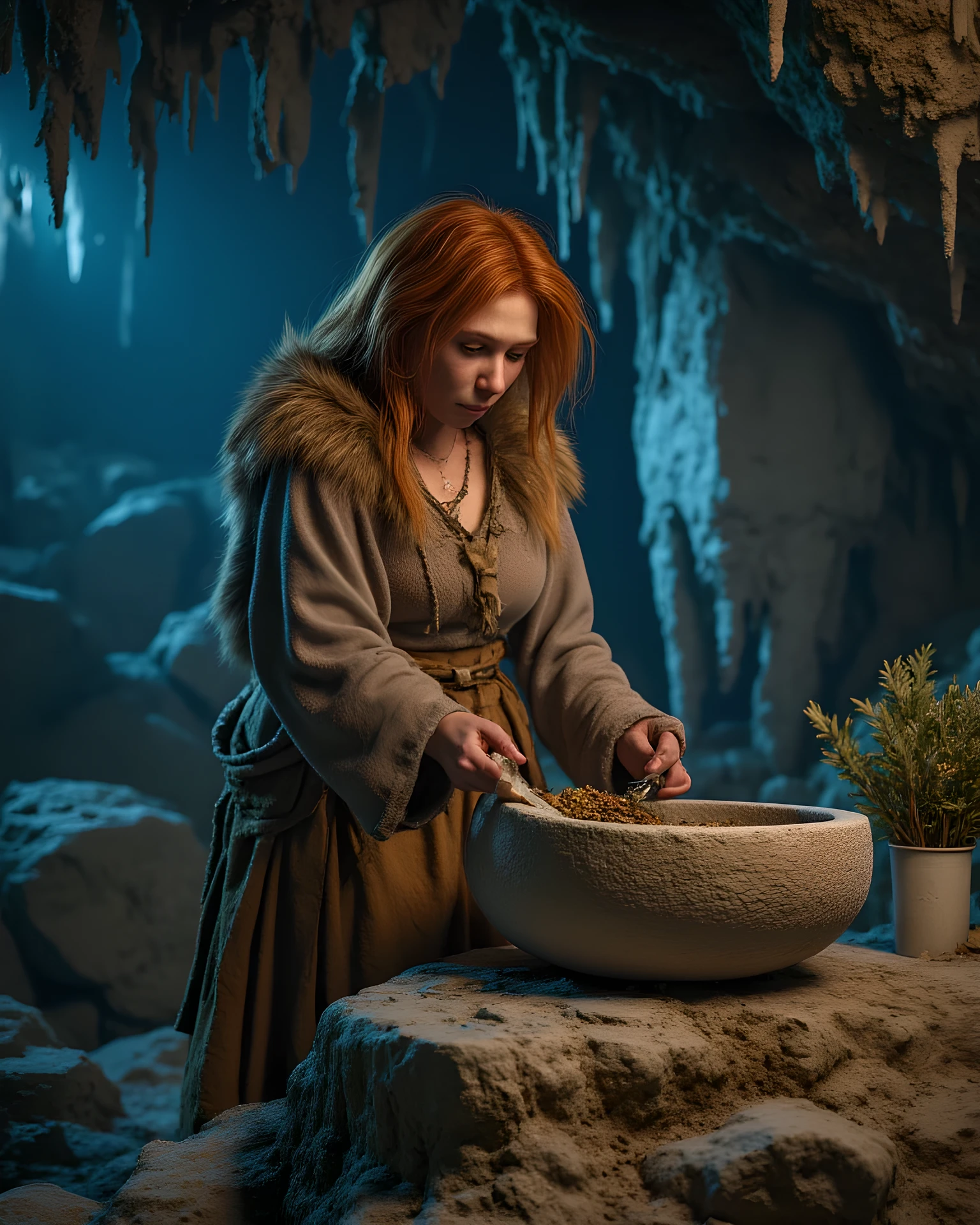 Primitive age era, (Stone primitive age era:1.6), ((Realistic cinematography ultra-wide depth intense details of realistically precise scenery deep cave scenery)),orderly stalagmites on the background,a detailed of Neanderthal ginger female herbalist,holding and grinding herbals on stone quern,filled with herbal ingredients,(herbs scenery),(chemical reaction),((vivacious)),wearing fully,long primitives coverage long robe fur woven fabric cloak dress,,,(perfectly depth symmetrically precise busty full body form),(cinematic dynamically camera widely angle scenery:accurately depicted:1.3),the lively prehistoric cradle of herbalist depicting scenery,night,realistically full depth,(cinematography dynamic angle|hyperrealistic:realistic scenery:3d texture over the scenery),best videography angle,hdr,blue hour, (cinematography vibe),primitive fabric wardrobe,(dynamic image composition),(octane 3d rendering|50mm lens shot:1.3),(precise lifelike skin texture:lifelike hairs:realism),(best rule of third photography composition),(best image aperture),(full details depth of field),(best shutter speed),(RAW photo image),(photorealistic|photorealism:hyperrealism style),(realistic depth 3d:cgi:1.3),(trending on cgsociety:devianart:unreal engine 5),,(best photography:national Geographic style), greenPunkAi and tikiPunkAi artwork, digital art,best lighting concept,(realistic intricately fixed truly fully human's anatomy body+hands+and+fingers anatomical),natural motion,inspired by farcry5 game artwork.