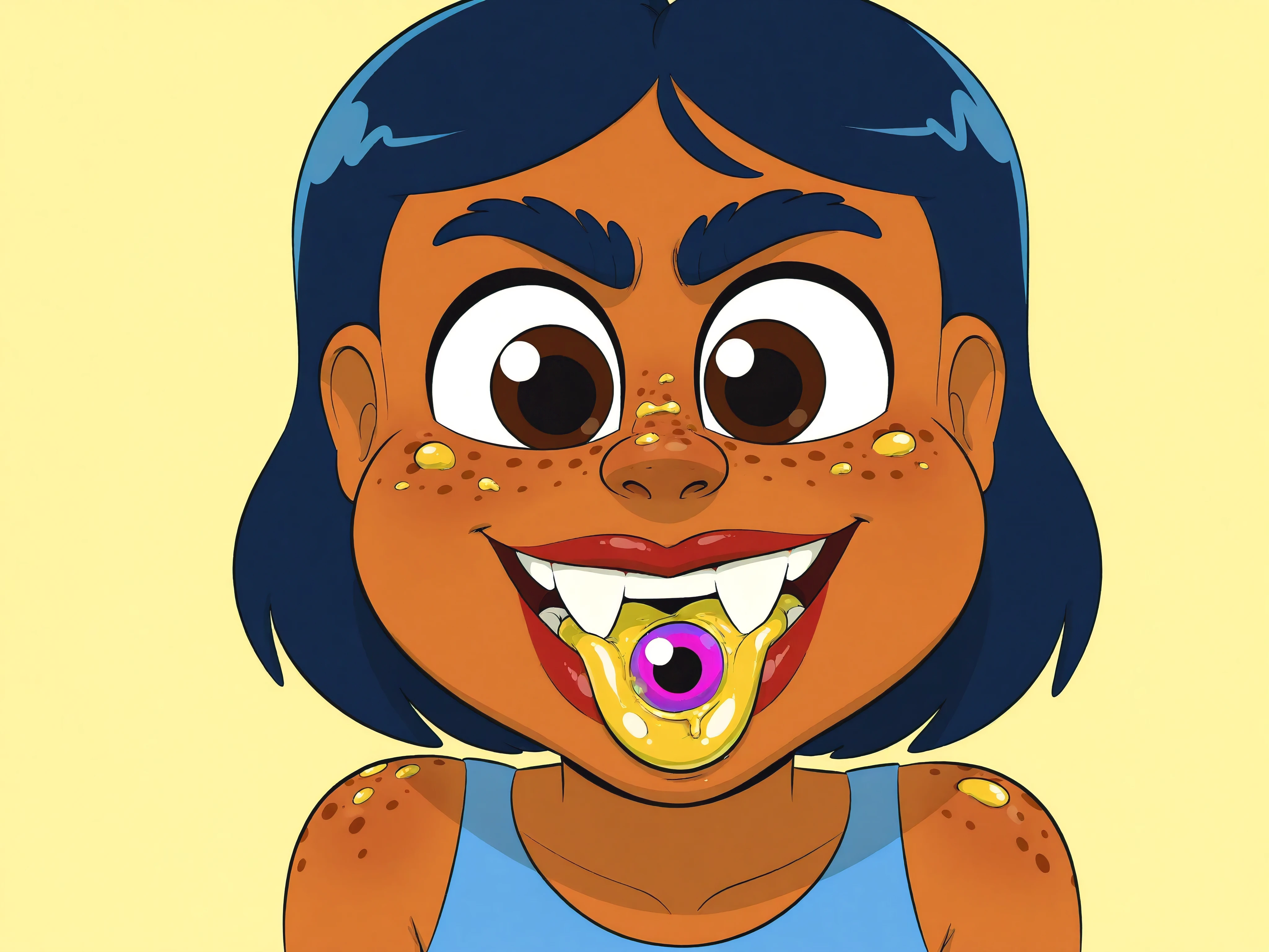 nose, lips, 1girl, teeth, tooth, skin dentation, detailed skin, 1female, perfect, bright eyes, hair, eyes, eyebrows, neck, gums, mole, shows large crooked teeth, smile. red lips, freckled cheeks, freckles, on freckles, body freckles, 1boy, feet, foot, toes, cartoony, body horror, 1male, spot, spots, body, burst, blob, oil, male, female, unibrow, monobrow, natural, bushy, cheeks, chin, nostrils, plump lips, natural, hairstyles, splat, splatter, tongue, tongue out, stain, messy, malebody, brief, curlyhair, big, top, shoulder, arms, , tan, skin condition, bumps, red spots, yellow spots, bump, red bumps, red bump, yellow bumps, yellow bump, red spot, yellow spot, pimples, acne, zits, pimples on face, zits on face, acne on face, huge, ugly, massive, giant, gross, pimples burst, red, yellow, bodyacne, bodypimples, bodyzits, acnes burst, zits burst, pink eye, blue hair, eyelashes, blue unibrow, short hair, brown skin, weirdart, beauty, ear, ears, messy unibrow, face, brunette, brown eyes, brown unibrow, messy eyebrows,
