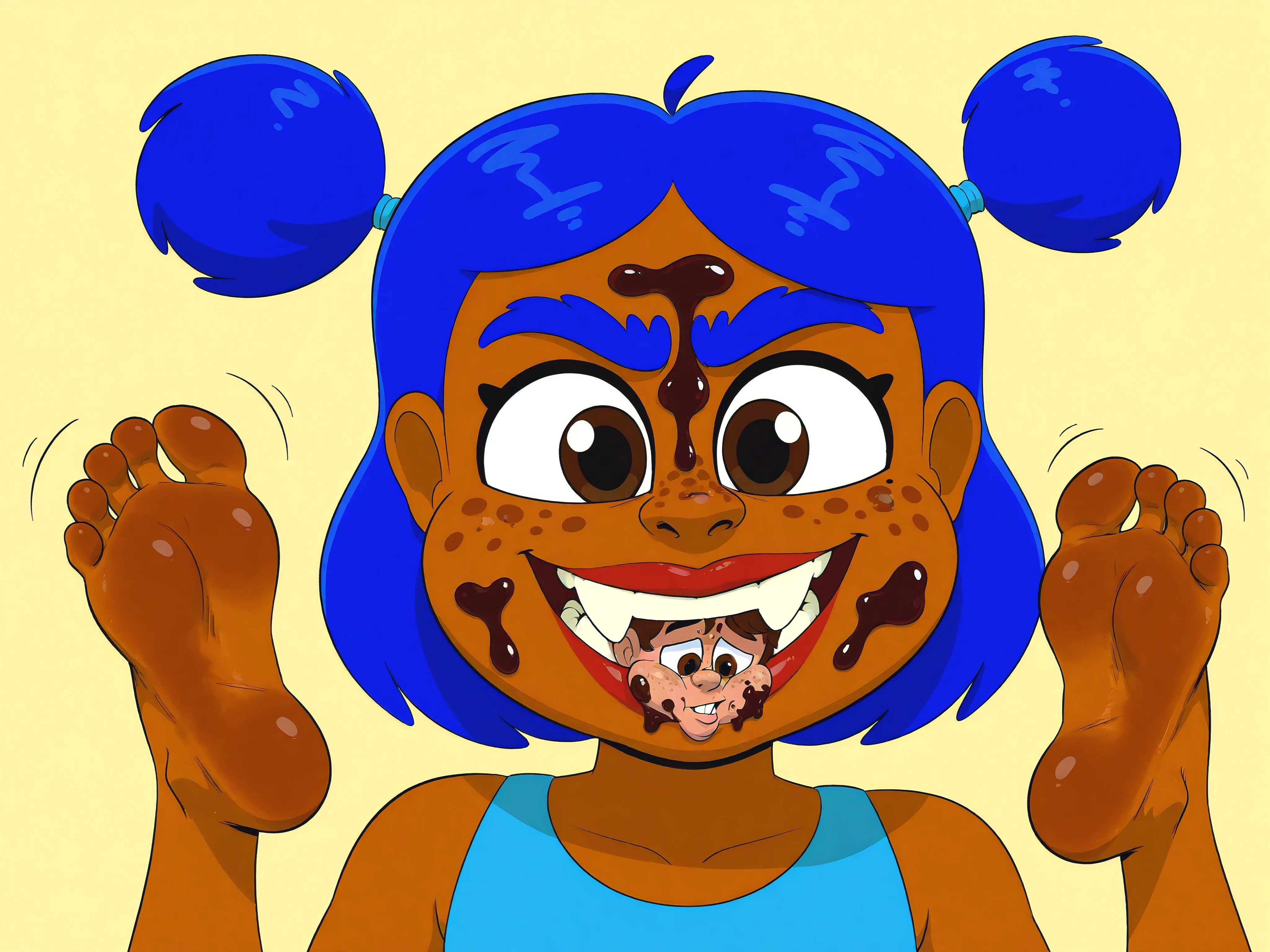 nose, lips, 1girl, teeth, tooth, skin dentation, detailed skin, 1female, perfect, bright eyes, hair, eyes, eyebrows, neck, gums, mole, shows large crooked teeth, smile. red lips, freckled cheeks, freckles,  on freckles, body freckles, 1boy, feet, foot, toes, cartoony, body horror, 1male, spot, spots, body, burst, blob, oil, male, female, unibrow, monobrow, natural, bushy, cheeks, chin, nostrils, plump lips, natural, hairstyles, splat, splatter, tongue, tongue out, stain, messy, malebody, brief, curlyhair, big, top, shoulder, arms, , tan, skin condition, bumps, red spots, yellow spots, bump, red bumps, red bump, yellow bumps, yellow bump, red spot, yellow spot, pimples, acne, zits, pimples on face, zits on face, acne on face, huge, ugly, massive, giant, gross, pimples burst, red, yellow, bodyacne, bodypimples, bodyzits, acnes burst, zits burst, pink eye, blue hair, eyelashes, blue unibrow, short hair, brown skin, weirdart, beauty, ear, ears, messy unibrow, face, brunette, brown eyes, brown unibrow, messy eyebrows,