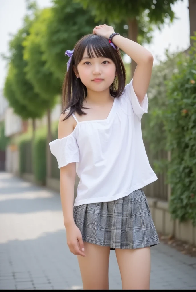 8k,Japanese,8-year-old,Innocent and innocent face,highly detailed face,kind eyes,,straight bang hair,hair blowing in the wind,girl,cute,summer clothes,everyday wear,short sleeve,random color shirt,Random skirt,in the shade of a tree,sitting,short black hair,Decolletage,thighs