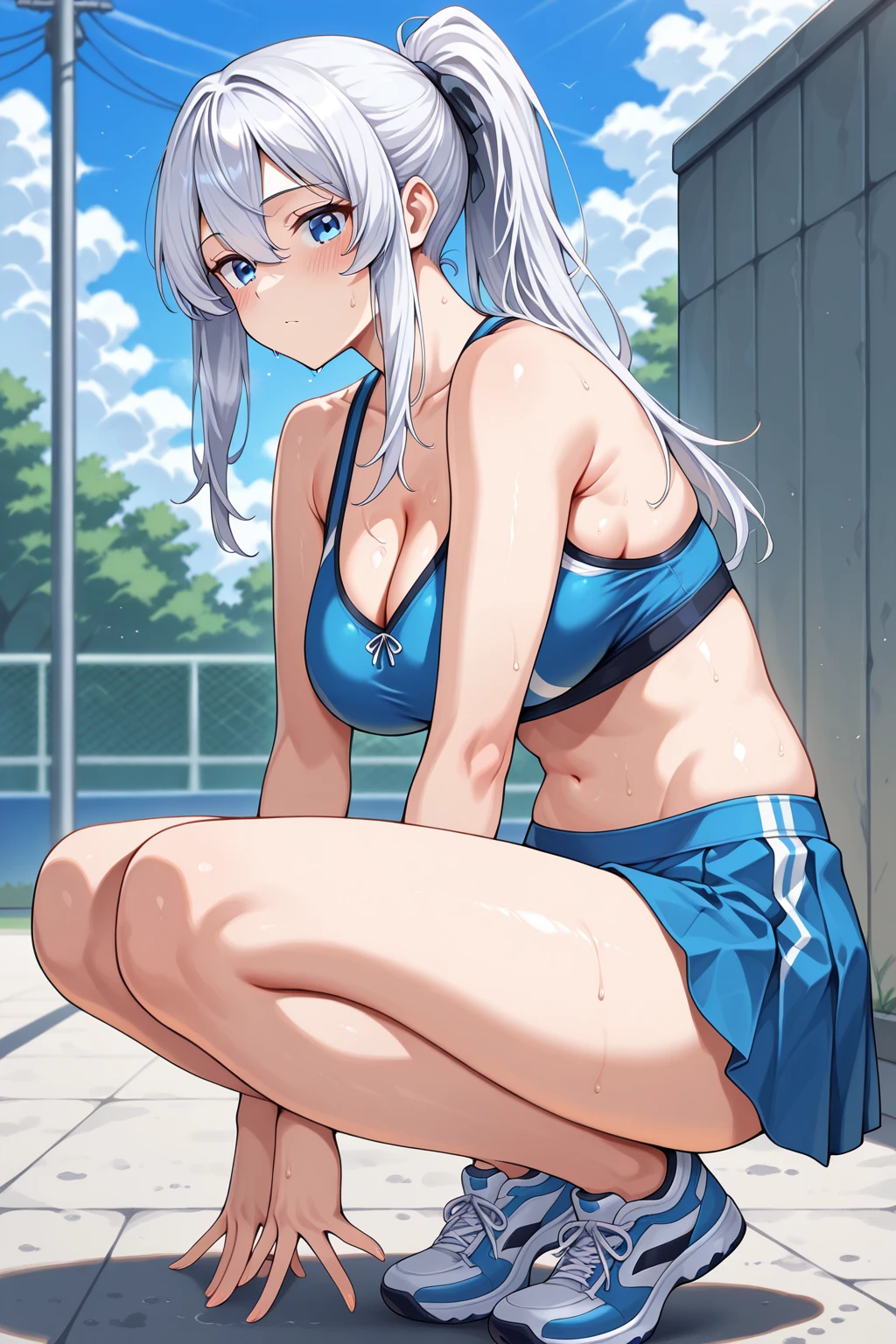 (((masterpiece))), ShizukaMikazuki, One Girl, alone, View your audience, Long Hair, Gray Hair, Long sleeve, Cleavage, Huge big breasts,clavicle, Mature Body,Abdominal muscles,Make your face a little smaller,Make your  bigger,tall,Blushing,Blouson, , open Blouson, blue Blouson,nude,Black sports bra,Black hot pants, Play sports often, Choker with charm,Laughing embarrassedly,blue eyes,natural Park,Shooting from an angle,Sweat all over,