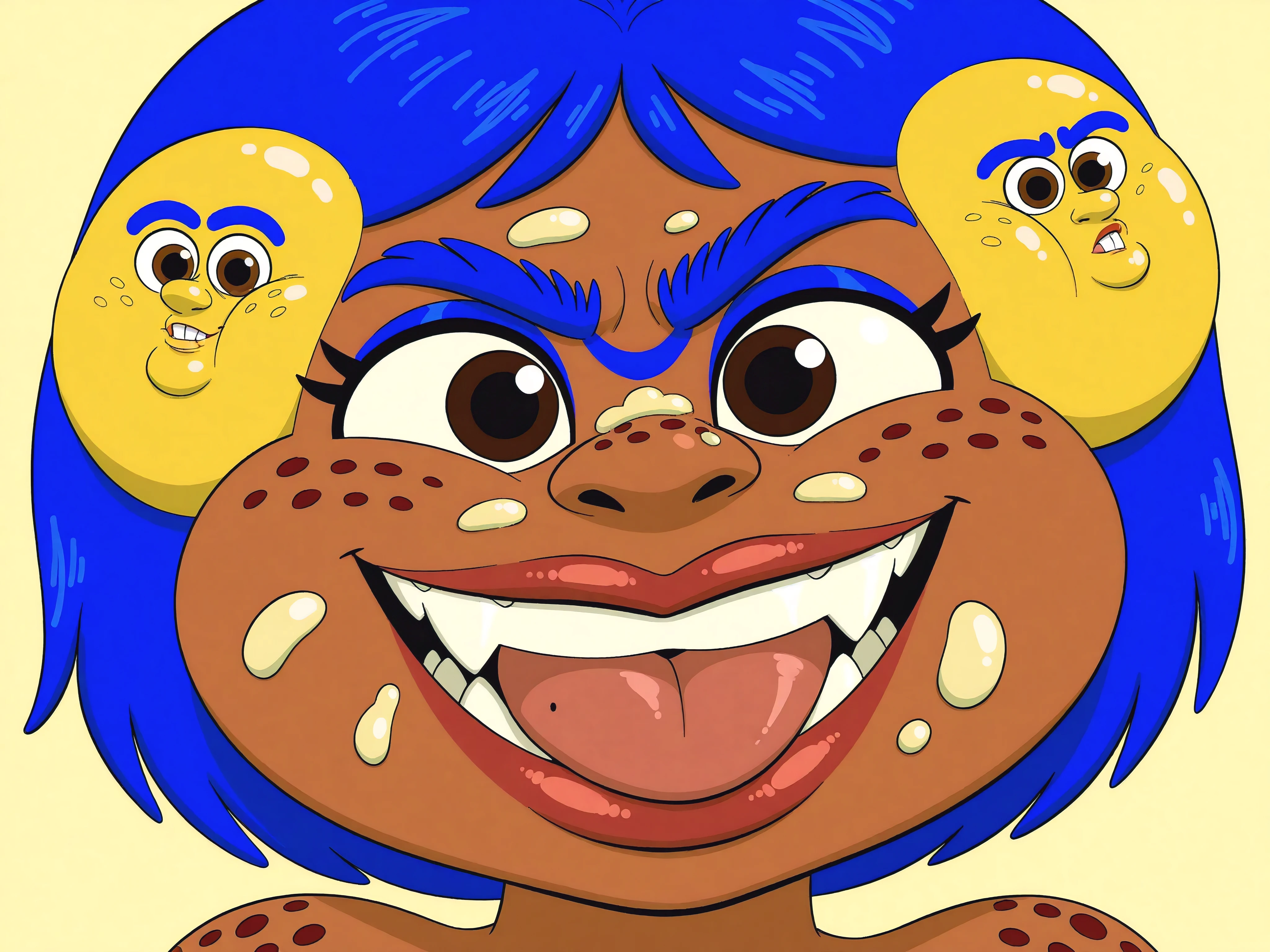 nose, lips, 1girl, teeth, tooth, skin dentation, detailed skin, 1female, perfect, bright eyes, hair, eyes, eyebrows, neck, gums, mole, shows large crooked teeth, smile. red lips, freckled cheeks, freckles, on freckles, body freckles, 1boy, feet, foot, toes, cartoony, body horror, 1male, spot, spots, body, burst, blob, oil, male, female, unibrow, monobrow, natural, bushy, cheeks, chin, nostrils, plump lips, natural, hairstyles, splat, splatter, tongue, tongue out, stain, messy, malebody, brief, curlyhair, big, top, shoulder, arms, , tan, skin condition, bumps, red spots, yellow spots, bump, red bumps, red bump, yellow bumps, yellow bump, red spot, yellow spot, pimples, acne, zits, pimples on face, zits on face, acne on face, huge, ugly, massive, giant, gross, pimples burst, red, yellow, bodyacne, bodypimples, bodyzits, acnes burst, zits burst, pink eye, blue hair, eyelashes, blue unibrow, short hair, brown skin, weirdart, beauty, ear, ears, messy unibrow, face, brunette, brown eyes, brown unibrow, messy eyebrows,