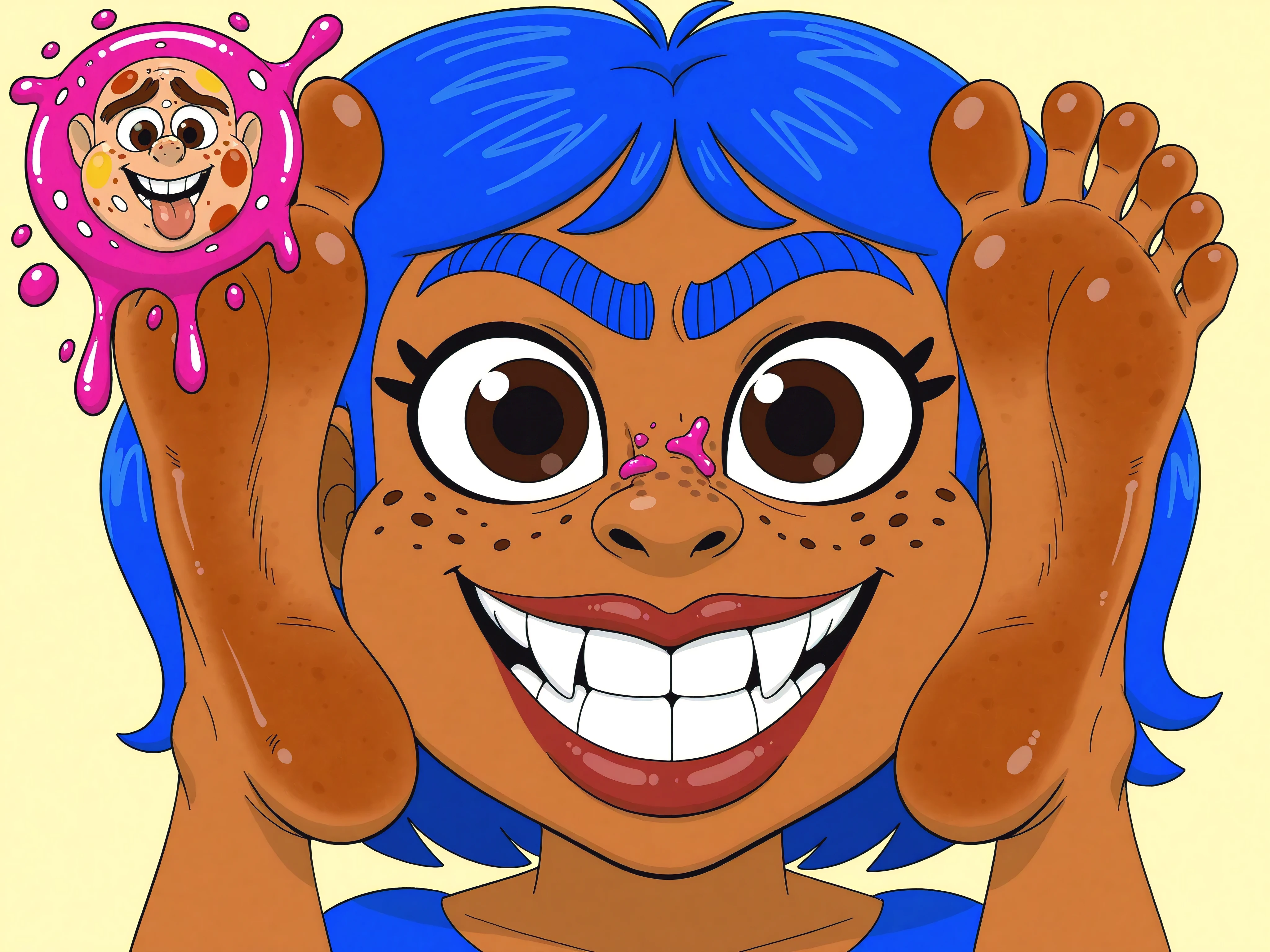 nose, lips, 1girl, teeth, tooth, skin dentation, detailed skin, 1female, perfect, bright eyes, hair, eyes, eyebrows, neck, gums, mole, shows large crooked teeth, smile. red lips, freckled cheeks, freckles, chest on freckles, body freckles, 1boy, feet, foot, toes, cartoony, body horror, 1male, spot, spots, body, burst, blob, oil, male, female, unibrow, monobrow, natural, bushy, cheeks, chin, nostrils, plump lips, natural, hairstyles, splat, splatter, tongue, tongue out, stain, messy, malebody, brief, curlyhair, big, top, shoulder, arms, chest, tan, skin condition, bumps, red spots, yellow spots, bump, red bumps, red bump, yellow bumps, yellow bump, red spot, yellow spot, pimples, acne, zits, pimples on face, zits on face, acne on face, huge, ugly, massive, giant, gross, pimples burst, red, yellow, bodyacne, bodypimples, bodyzits, acnes burst, zits burst, pink eye, blue hair, eyelashes, blue unibrow, short hair, brown skin, weirdart, beauty, ear, ears, messy unibrow, face, brunette, brown eyes, brown unibrow, messy eyebrows,