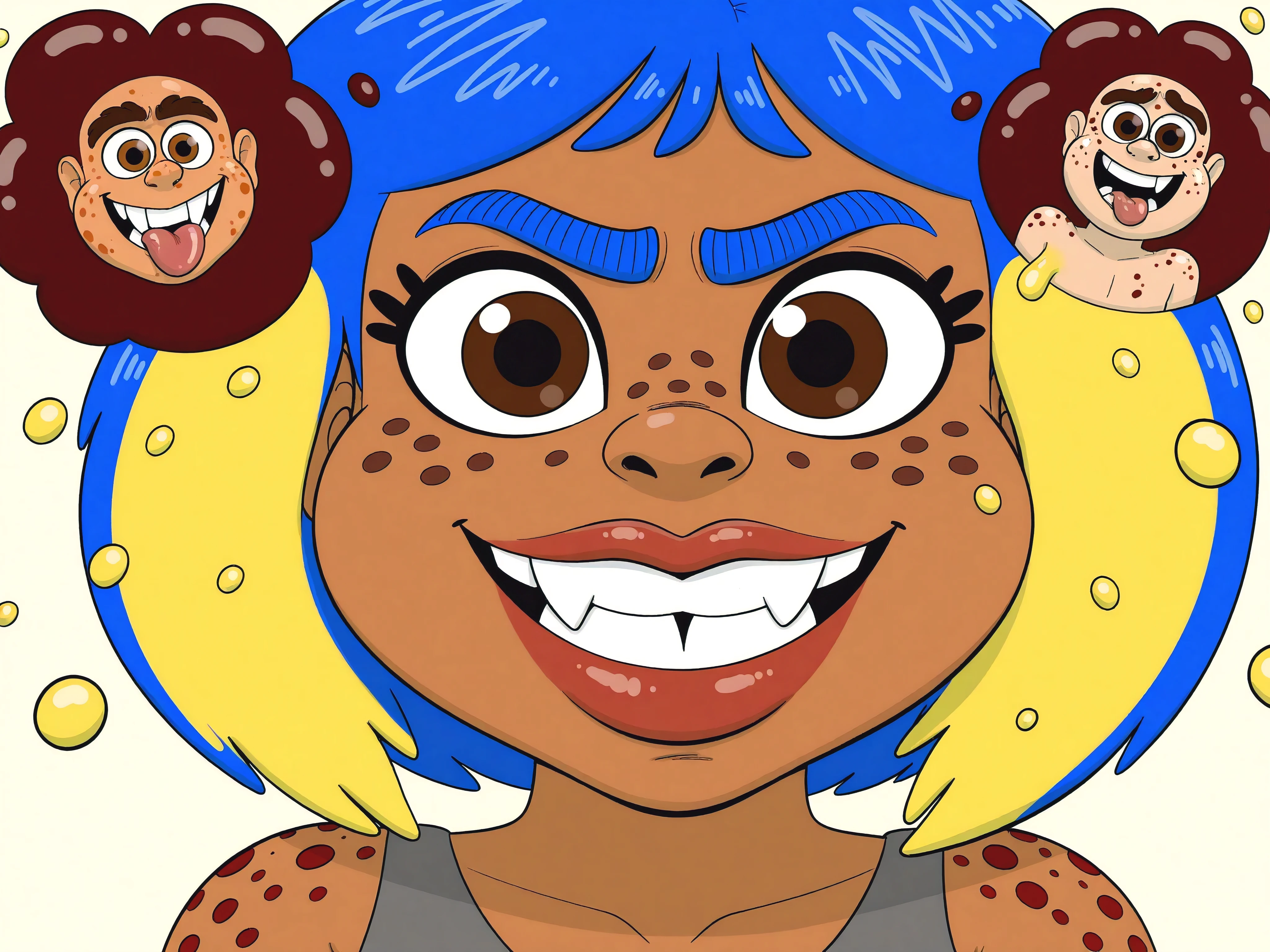nose, lips, 1girl, teeth, tooth, skin dentation, detailed skin, 1female, perfect, bright eyes, hair, eyes, eyebrows, neck, gums, mole, shows large crooked teeth, smile. red lips, freckled cheeks, freckles, chest on freckles, body freckles, 1boy, feet, foot, toes, cartoony, body horror, 1male, spot, spots, body, burst, blob, oil, male, female, unibrow, monobrow, natural, bushy, cheeks, chin, nostrils, plump lips, natural, hairstyles, splat, splatter, tongue, tongue out, stain, messy, malebody, brief, curlyhair, big, top, shoulder, arms, chest, tan, skin condition, bumps, red spots, yellow spots, bump, red bumps, red bump, yellow bumps, yellow bump, red spot, yellow spot, pimples, acne, zits, pimples on face, zits on face, acne on face, huge, ugly, massive, giant, gross, pimples burst, red, yellow, bodyacne, bodypimples, bodyzits, acnes burst, zits burst, pink eye, blue hair, eyelashes, blue unibrow, short hair, brown skin, weirdart, beauty, ear, ears, messy unibrow, face, brunette, brown eyes, brown unibrow, messy eyebrows,