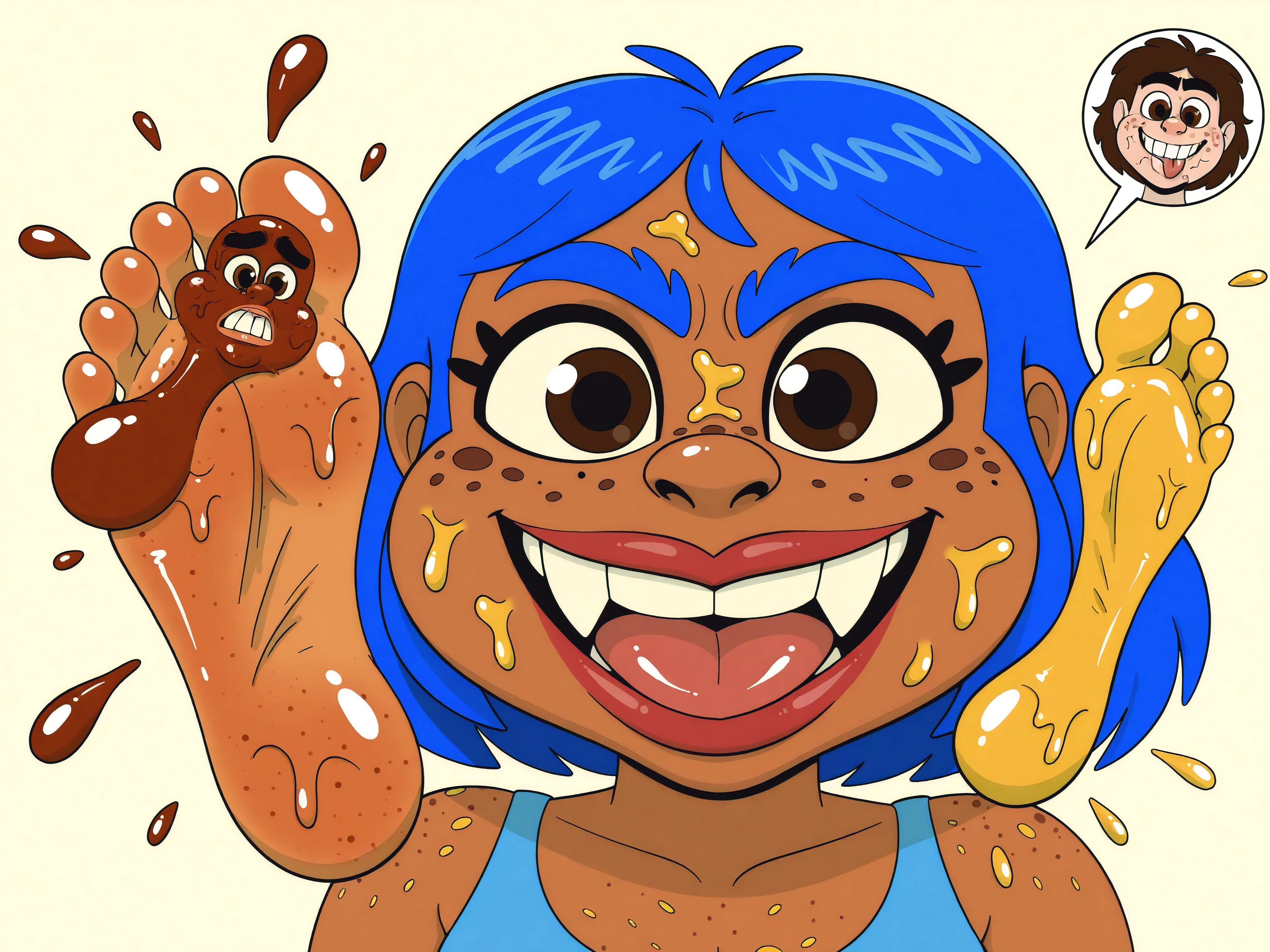 nose, lips, 1girl, teeth, tooth, skin dentation, detailed skin, 1female, perfect, bright eyes, hair, eyes, eyebrows, neck, gums, mole, shows large crooked teeth, smile. red lips, freckled cheeks, freckles, on freckles, body freckles, 1boy, feet, foot, toes, cartoony, body horror, 1male, spot, spots, body, burst, blob, oil, male, female, unibrow, monobrow, natural, bushy, cheeks, chin, nostrils, plump lips, natural, hairstyles, splat, splatter, tongue, tongue out, stain, messy, malebody, brief, curlyhair, big, top, shoulder, arms, , tan, skin condition, bumps, red spots, yellow spots, bump, red bumps, red bump, yellow bumps, yellow bump, red spot, yellow spot, pimples, acne, zits, pimples on face, zits on face, acne on face, huge, ugly, massive, giant, gross, pimples burst, red, yellow, bodyacne, bodypimples, bodyzits, acnes burst, zits burst, pink eye, blue hair, eyelashes, blue unibrow, short hair, brown skin, weirdart, beauty, ear, ears, messy unibrow, face, brunette, brown eyes, brown unibrow, messy eyebrows,