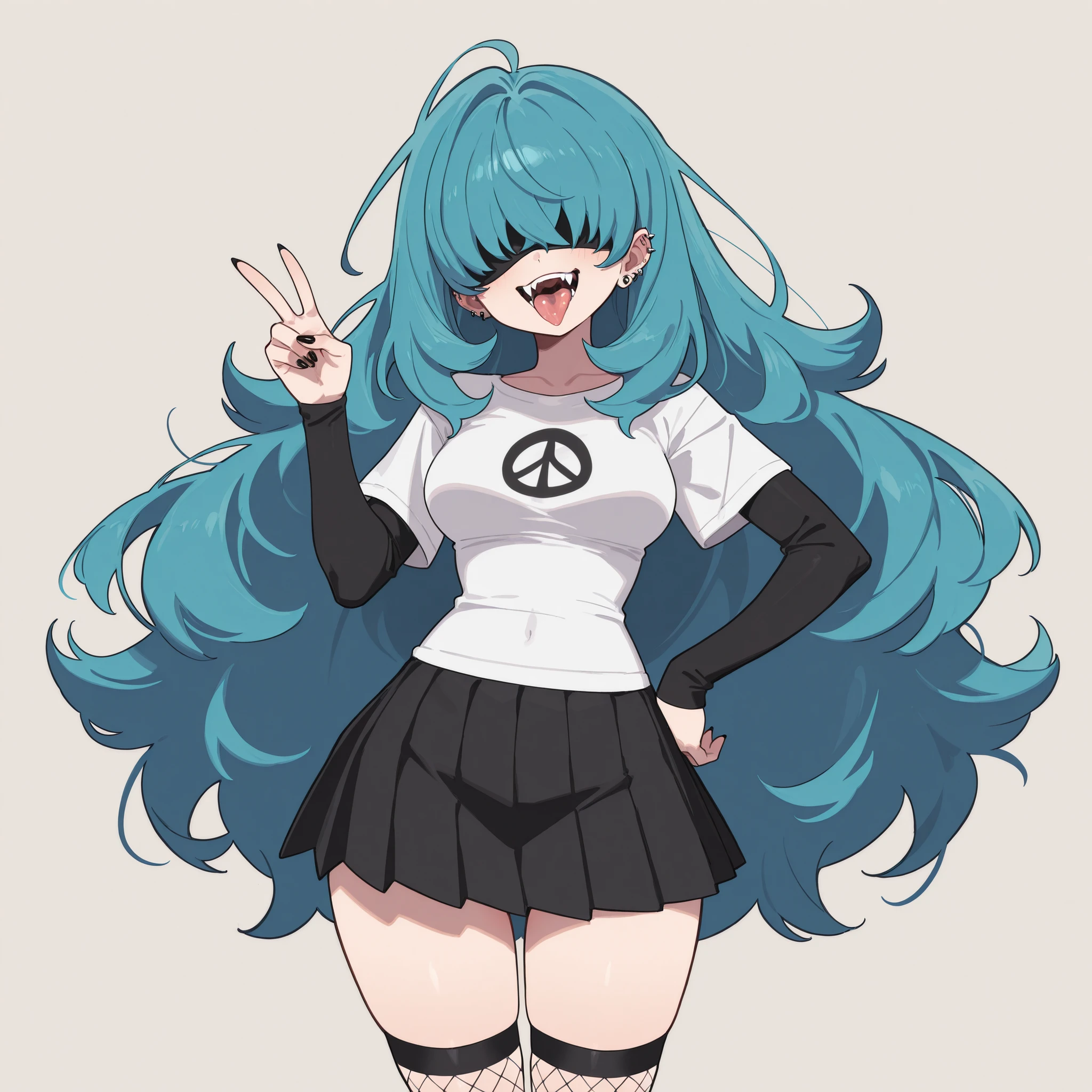 masterpiece, ultra-HD, impressionism, high detail, best quality, very aesthetic, 8K, best quality, beautiful, ultra-high resolution, 32K UHD, sugimorixd, 1girl, solo, very long messy blue hair, hair covering eyes, eyeless, black lips, black nails, medium breasts, narrow waist, wide hips, thick thighs, shapely legs, slim, white baggy t-shirt, long black sleeves, piercings, black pleated skirt, black fishnet stockings, blushed, smirk, open mouth, tongue out, sharp fangs, cute, hand on hips, peace sign hand, standing, looking at the viewer, simple background, front view