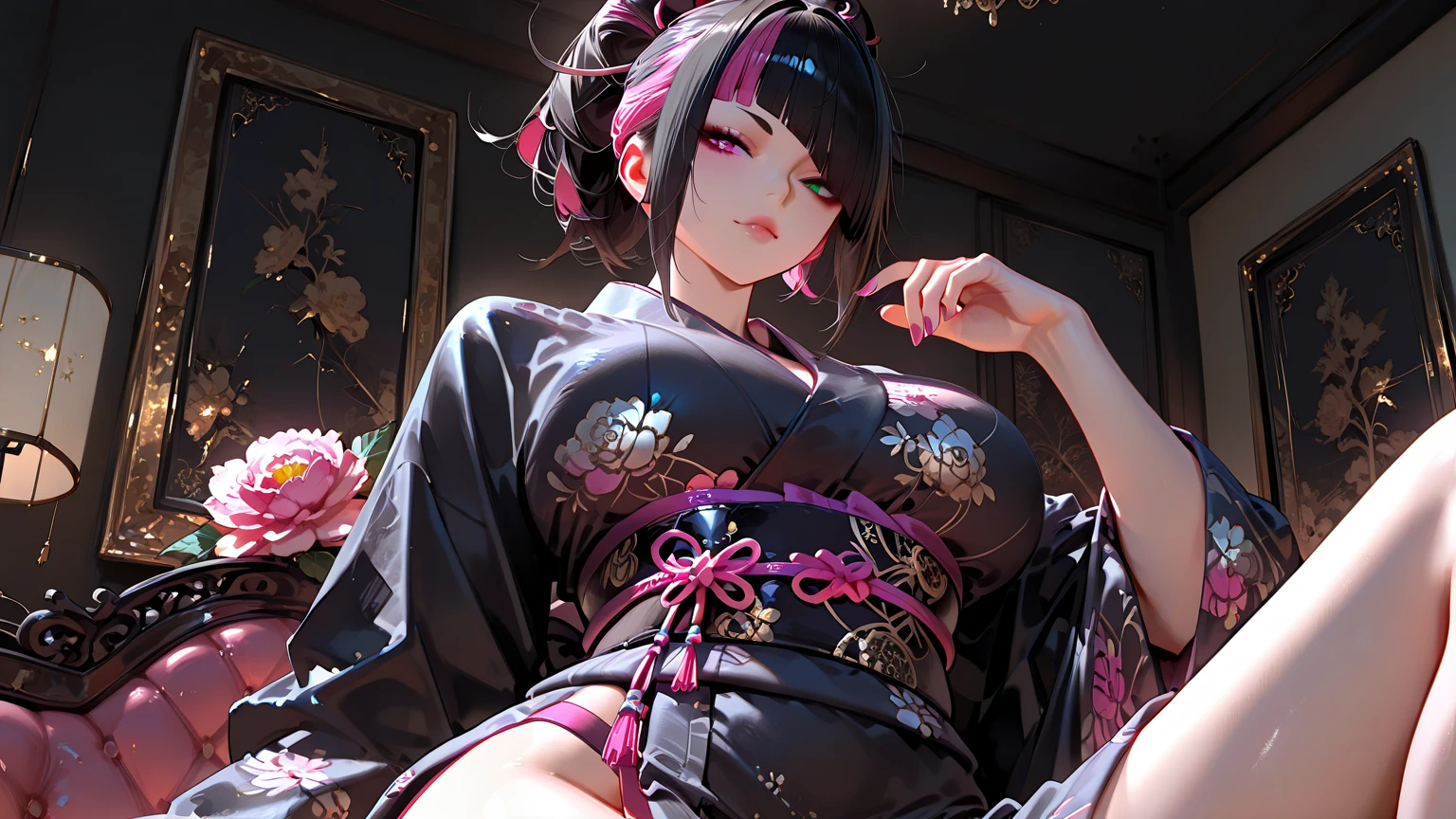 Extremely detailed CG unity 8k UHD QUALITY RESOLUTION WALLPAPER, AWARD-WINNING portrait, official art, Perfect masterpiece, best quality, best resolution, the most beautiful and  demon goddess, cowboy shot from below, Harajuku-inspired open hooded kimono, oni horns, black angel wings, bold color scheme and patterns, trendy and innovative platinum white colored Mohawk hairstyle, vibrant makeup, super huge enormously gigantic ????, cleavage showing, gigantic ???? bursting out of her kimono, tons of tattoos and piercings, detailed feudal Japan dazzling feudal Japan bedroom, cherry blossoms blowing in the wind, vivid color scheme, insane details, beautiful detailed face, blushing, ???? seductive slutty facial expression, looking at the viewer, close up pov camera view from below, slutty sassy seductive ???? dynamic pose, intricate details, ultra detailed.