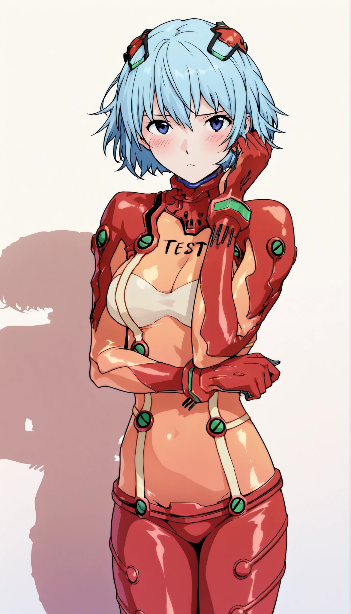high resolution, high resolution, Highest Quality, masterpiece, 2D, intricate details, 4K, anime, shadow, No censorship, shading, shadow, カウンターshading, 1girl, solo, womanhood, short hair, light blue hair, Bang, blush, pulling up hair, short hair, , chest, large chest, hair ornaments, Bodysuit, multi colored clothes, pilot suit that makes the rear wheel slide, plug suit, red Bodysuit, interfAce heAdset, Hair Pod, orange Bodysuit, multicolored Bodysuit, test plug suit, Soryu Asuka Langley \(cosplay\), (cowboy shot, standing, is directed at the viewer, watch viewers:1.2), written depth, white background, gradient background,