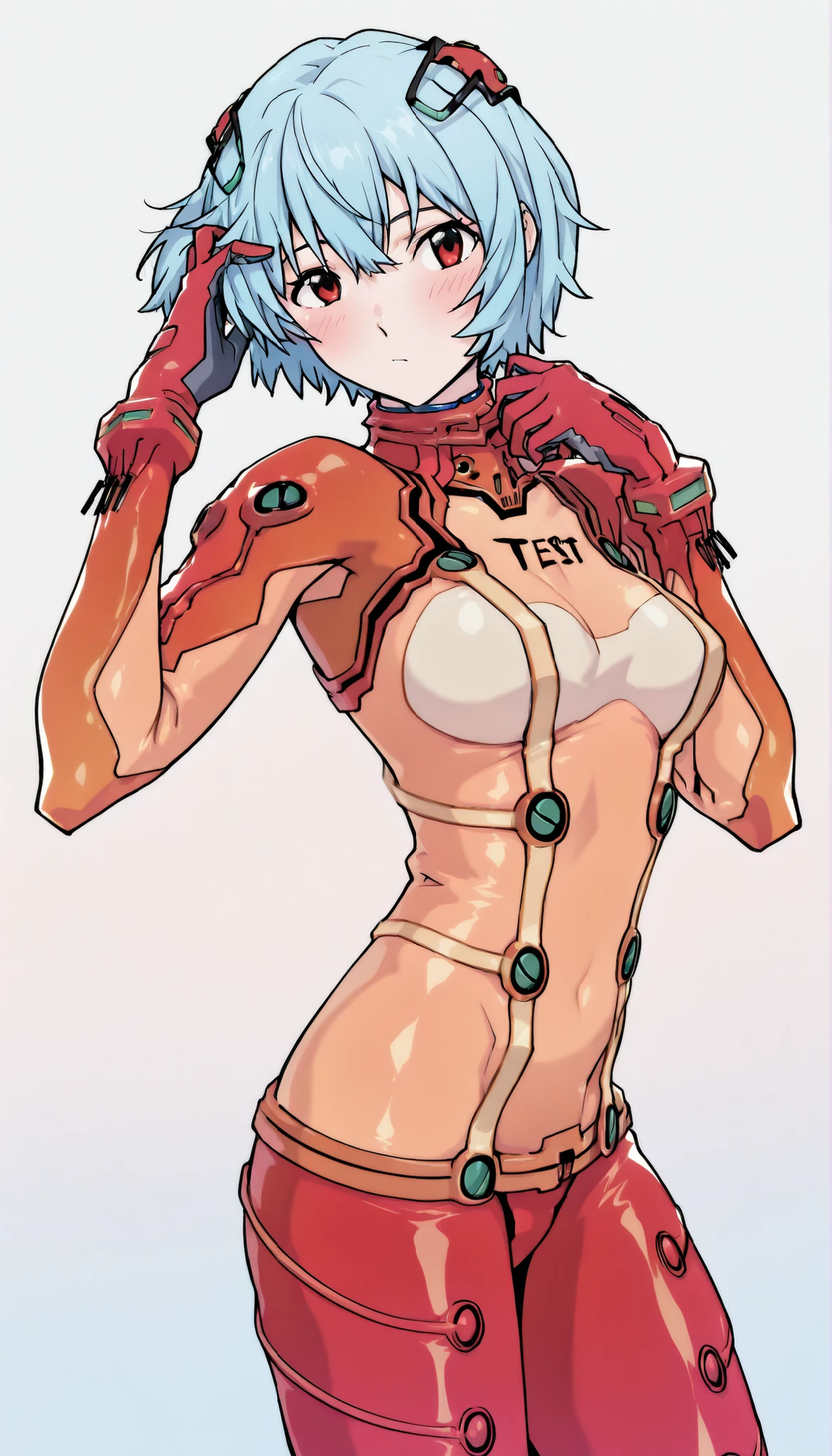 high resolution, high resolution, Highest Quality, masterpiece, 2D, intricate details, 4K, anime, No censorship, shading, shadow, カウンターshading, 1girl, solo, womanhood, short hair, light blue hair, Bang, blush, pulling up hair, short hair, , chest, large chest, hair ornaments, Bodysuit, multi colored clothes, pilot suit that makes the rear wheel slide, plug suit, 白いBodysuit, interfAce heAdset, Hair Pod, orange Bodysuit, multicolored Bodysuit, test plug suit, Soryu Asuka Langley \(cosplay\), (cowboy shot, standing, is directed at the viewer, watch viewers:1.2), written depth, white background, gradient background,