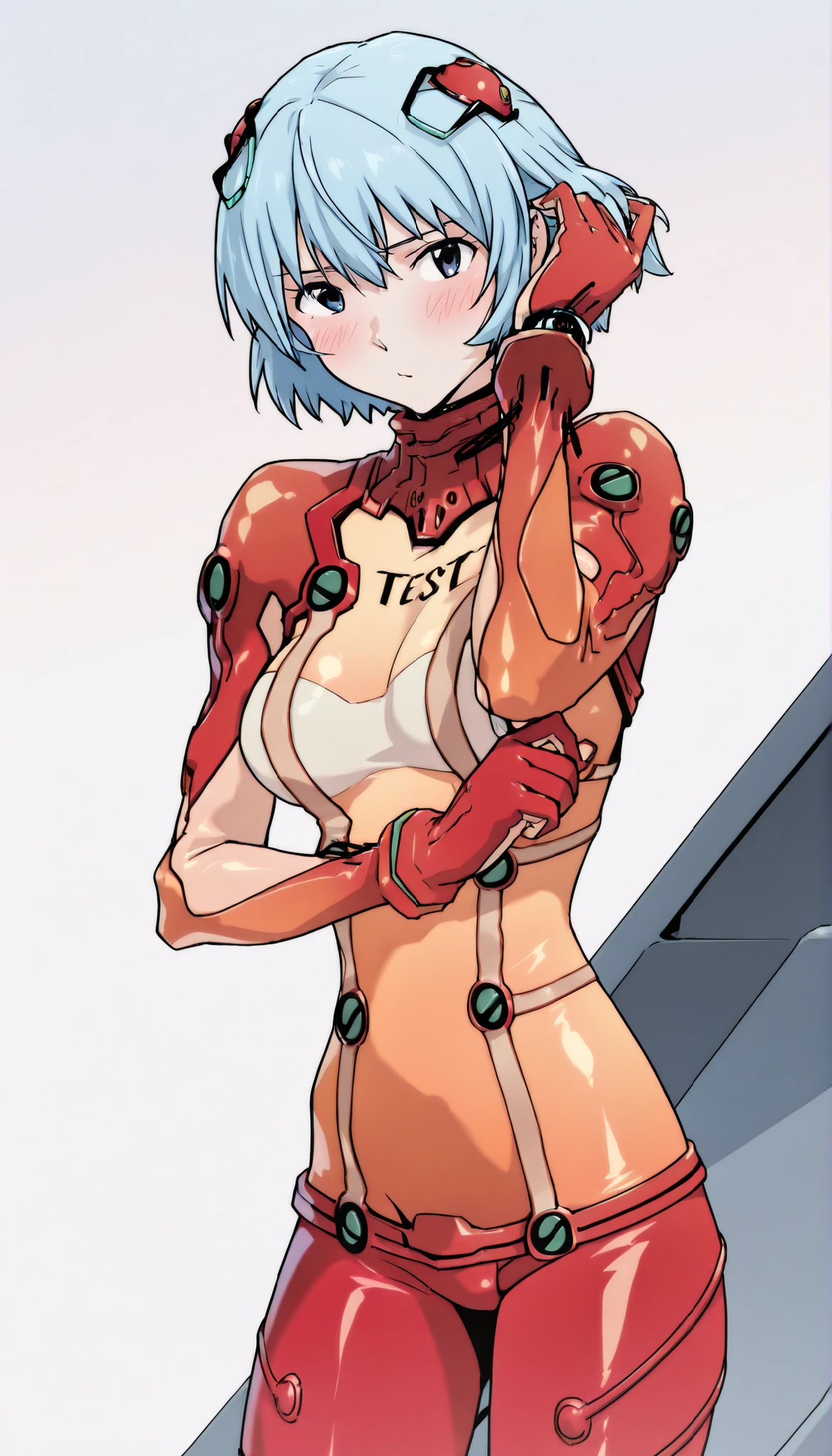 high resolution, high resolution, Highest Quality, masterpiece, 2D, intricate details, 4K, anime, No censorship, shading, shadow, カウンターshading, 1girl, solo, womanhood, short hair, light blue hair, Bang, blush, pulling up hair, short hair, , chest, large chest, hair ornaments, Bodysuit, multi colored clothes, pilot suit that makes the rear wheel slide, plug suit, 白いBodysuit, interfAce heAdset, Hair Pod, orange Bodysuit, multicolored Bodysuit, test plug suit, Soryu Asuka Langley \(cosplay\), (cowboy shot, standing, is directed at the viewer, watch viewers:1.2), written depth, white background, gradient background,