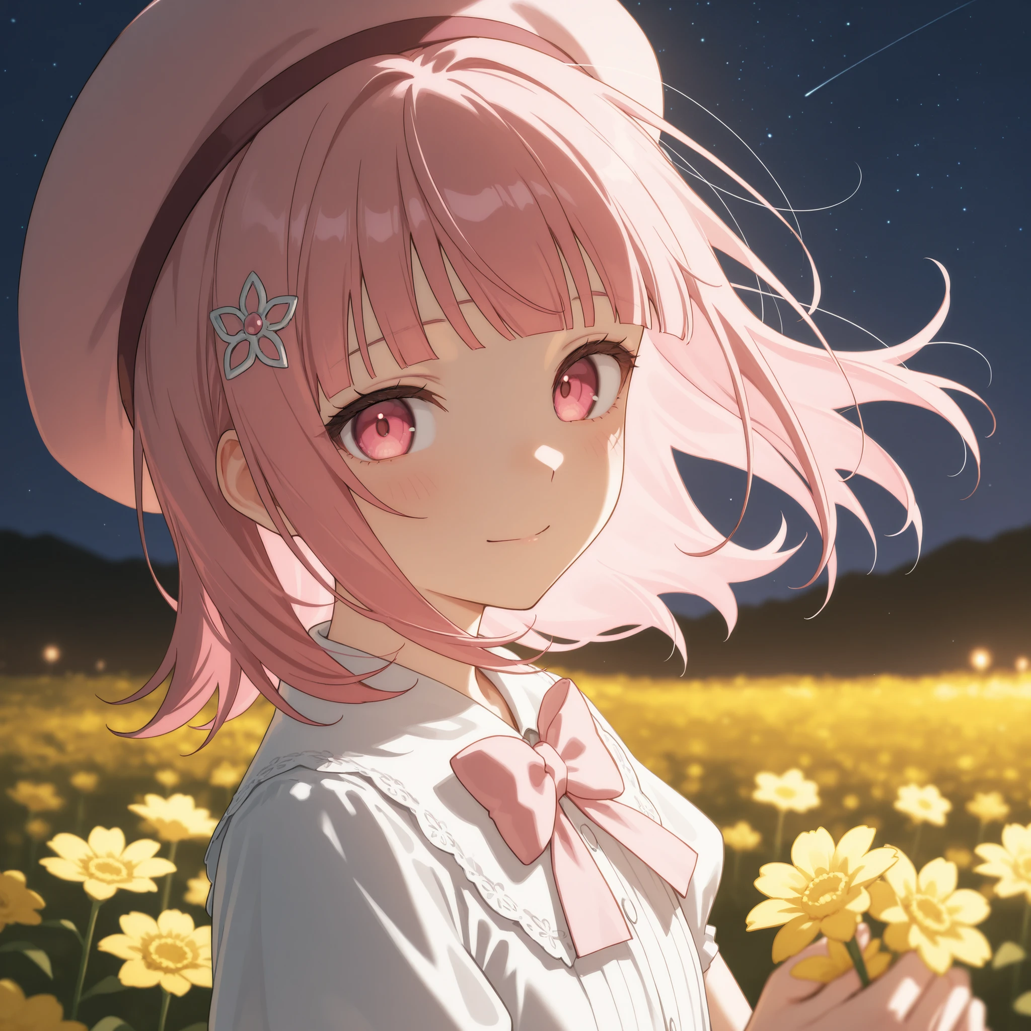 score_9, score_8_up, score_7_up, masterpiece, best quality, detailed face, 1 girl, solo, beautiful, flat chest, slender body, mature, light makeup, adorable, closed mouth, gentle smile,
 chiaki nanami, blunt bangs, pink hair, hair ornament, medium hair, pink eyes, pink hat, white dress, pink bowtie, yellow flower broch, hand holding boquet, outdoor background, starry sky, happy, windy, hair flow, night, depth of field, bloom, soft lighting, best composition, looking at viewer, from the front, from the side, dynamic, character focus, close up