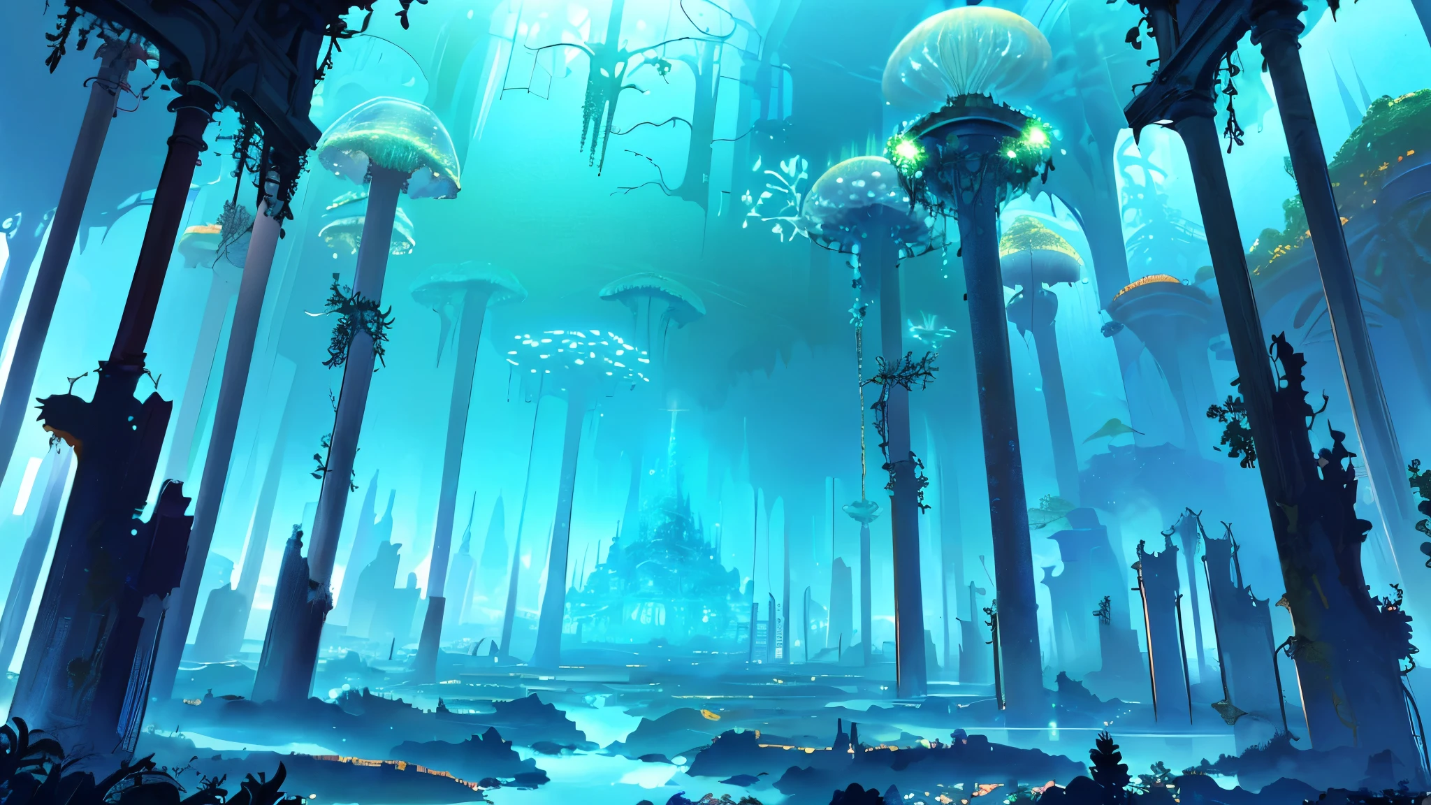 masterpiece, high quality, Ocean Forest, City, Great Fantasy, Glowing Plants, Coral Viaduct, (Glowing Jellyfish Group), (A group of fish with transparent wings flying in the sky), Misty, extreme details, Morning Light, epic composition, (Exquisite details), (elaborate design, Super Detailed: 1.2), art station, (masterpiece, Highest Quality), ultra high definition, 32K ,city,Relic --v 6