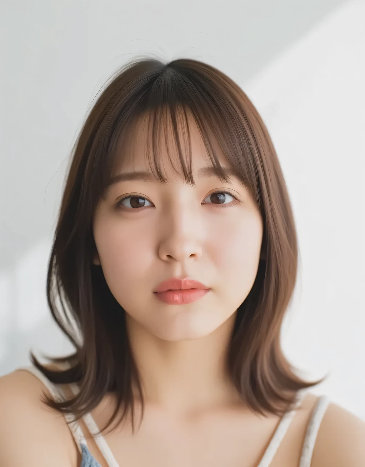 Raw photo, reality, ((staring)), ((focus on face)), ((close-up)), front view, Japanese woman, smiling in the sun, ((brown hair color, medium-long hair, hairstyle)), off-the-shoulder, beautiful collarbone, unedited, live action, authentic, cute young girl, beautifully reflective eyes, beautifully detailed lips, very delicate eyes and face, long eyelashes, smiling in the faint sun, simple white background, natural light